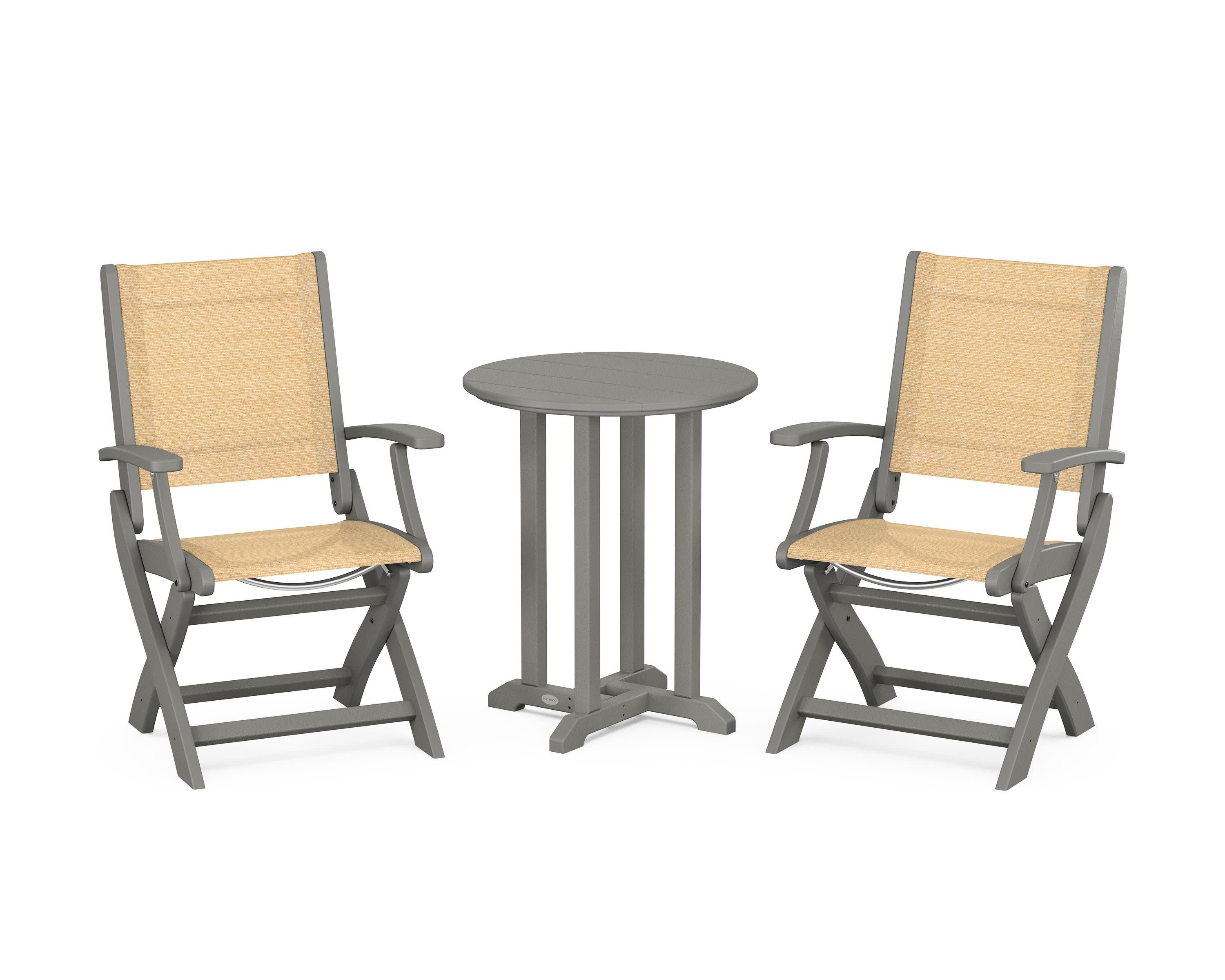 Coastal Folding 3-Piece Round Bistro Dining Set in Slate Grey / Dupioni Apricot Sling