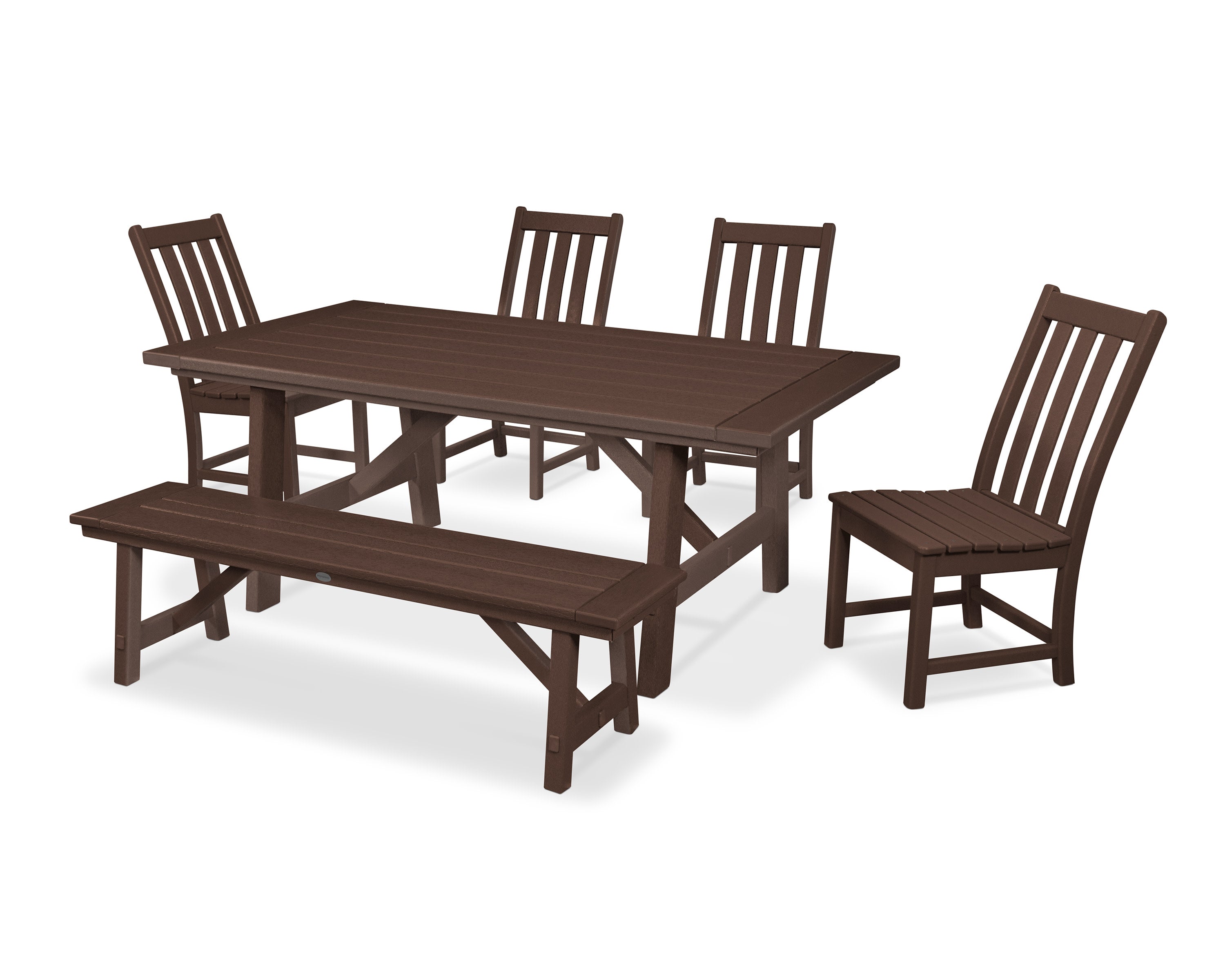 Vineyard 6-Piece Rustic Farmhouse Side Chair Dining Set with Bench in Mahogany