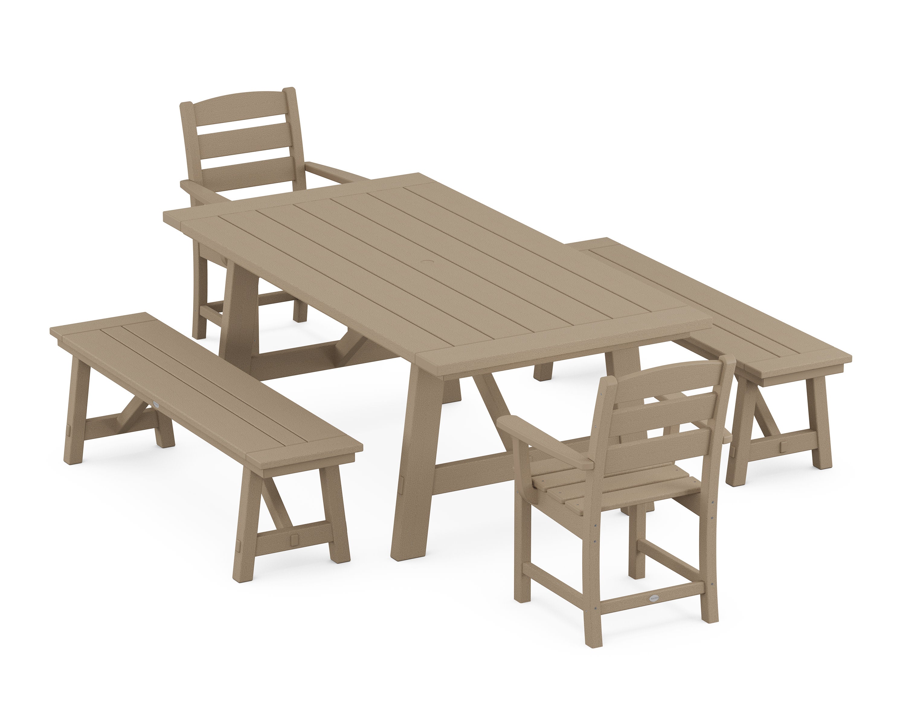 Lakeside 5-Piece Rustic Farmhouse Dining Set With Benches in Vintage Sahara