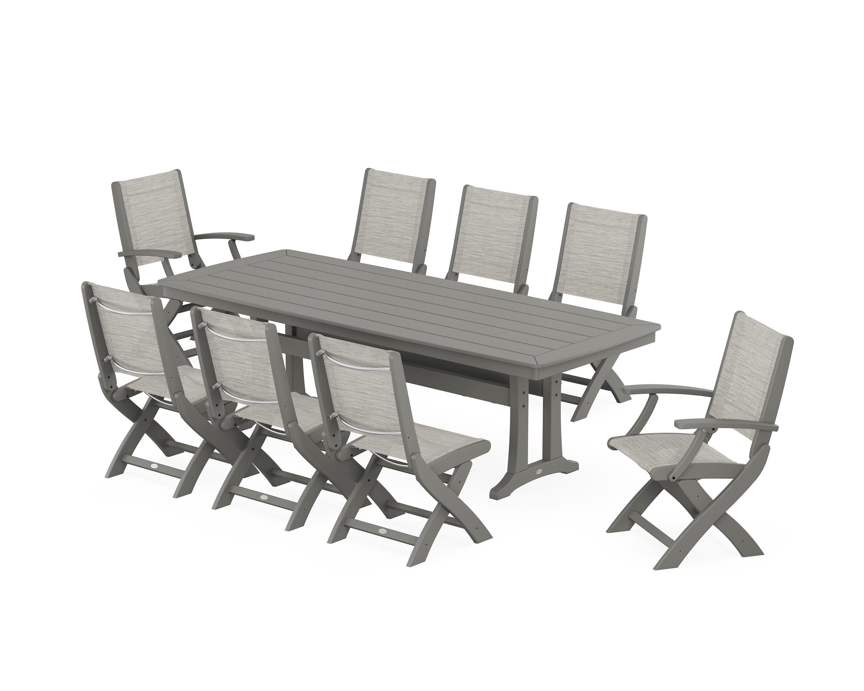Coastal Folding 9-Piece Dining Set with Trestle Legs in Slate Grey / Birch Sling