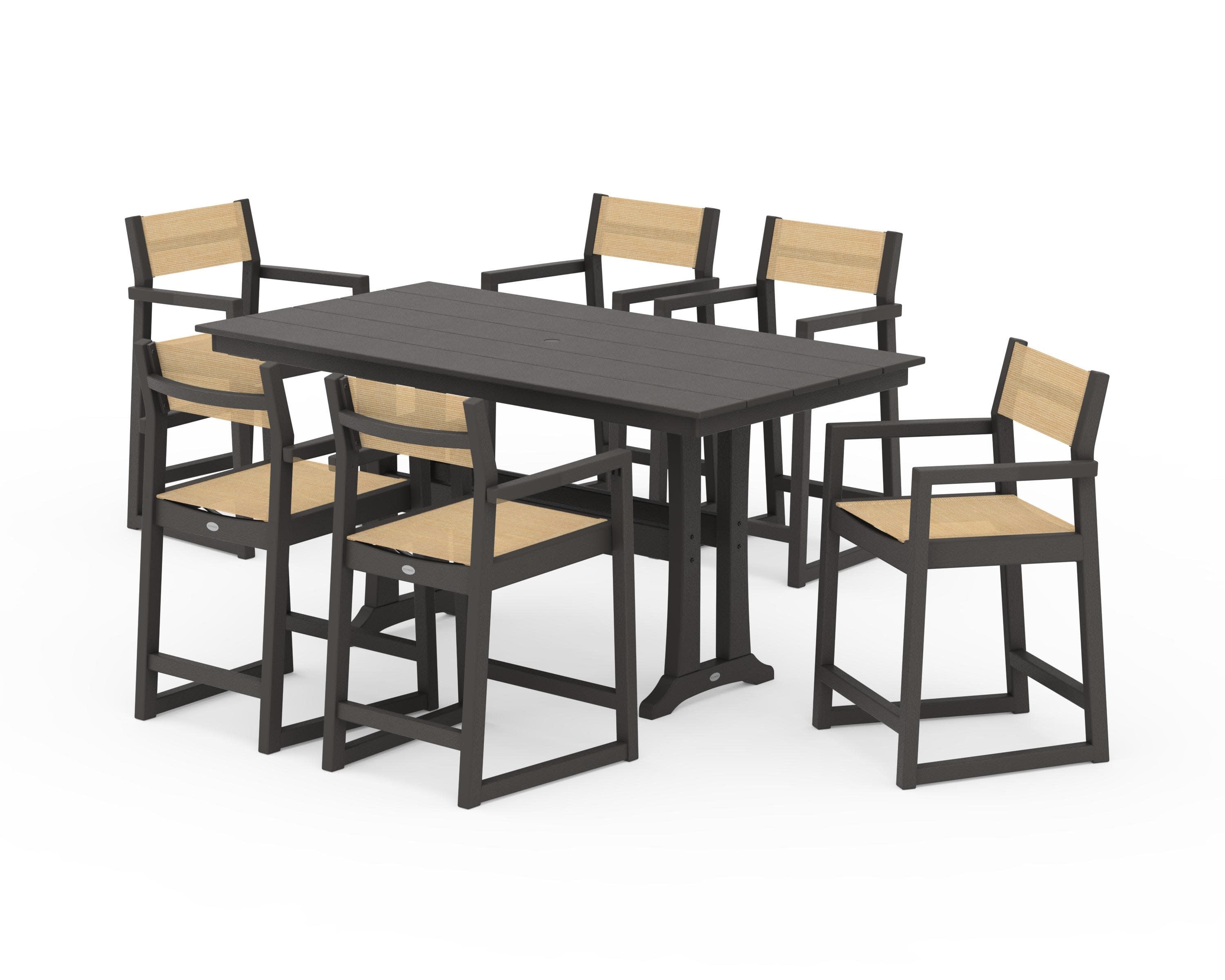 EDGE Sling Arm Chair 7-Piece Farmhouse Counter Set with Trestle Legs in Vintage Coffee / Dupioni Apricot Sling