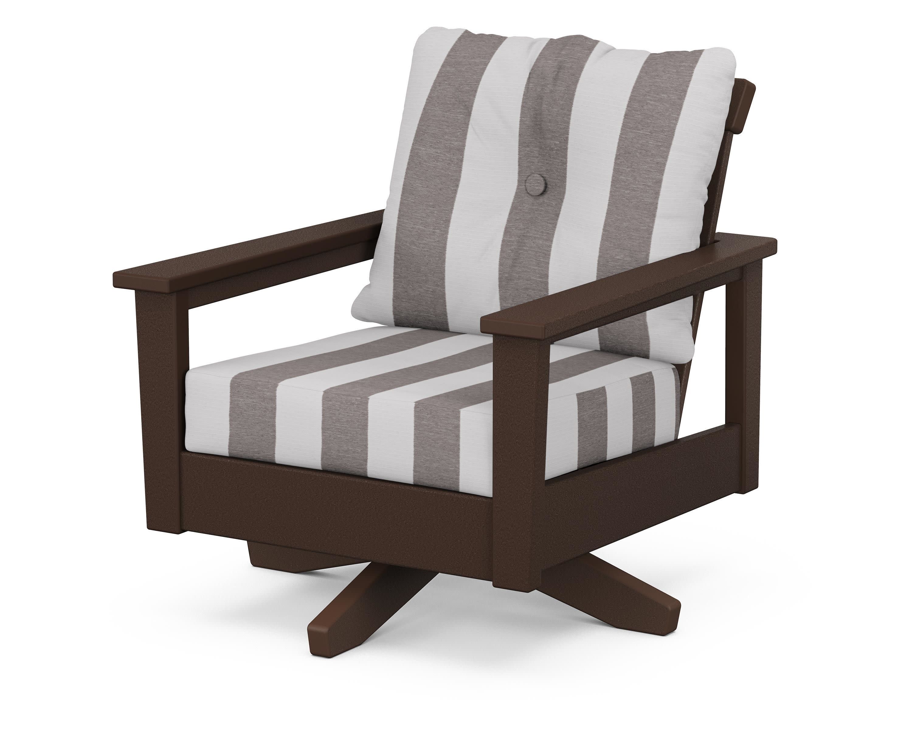 Prescott Deep Seating Swivel Chair in Mahogany / Cabana Stripe Grey Mist