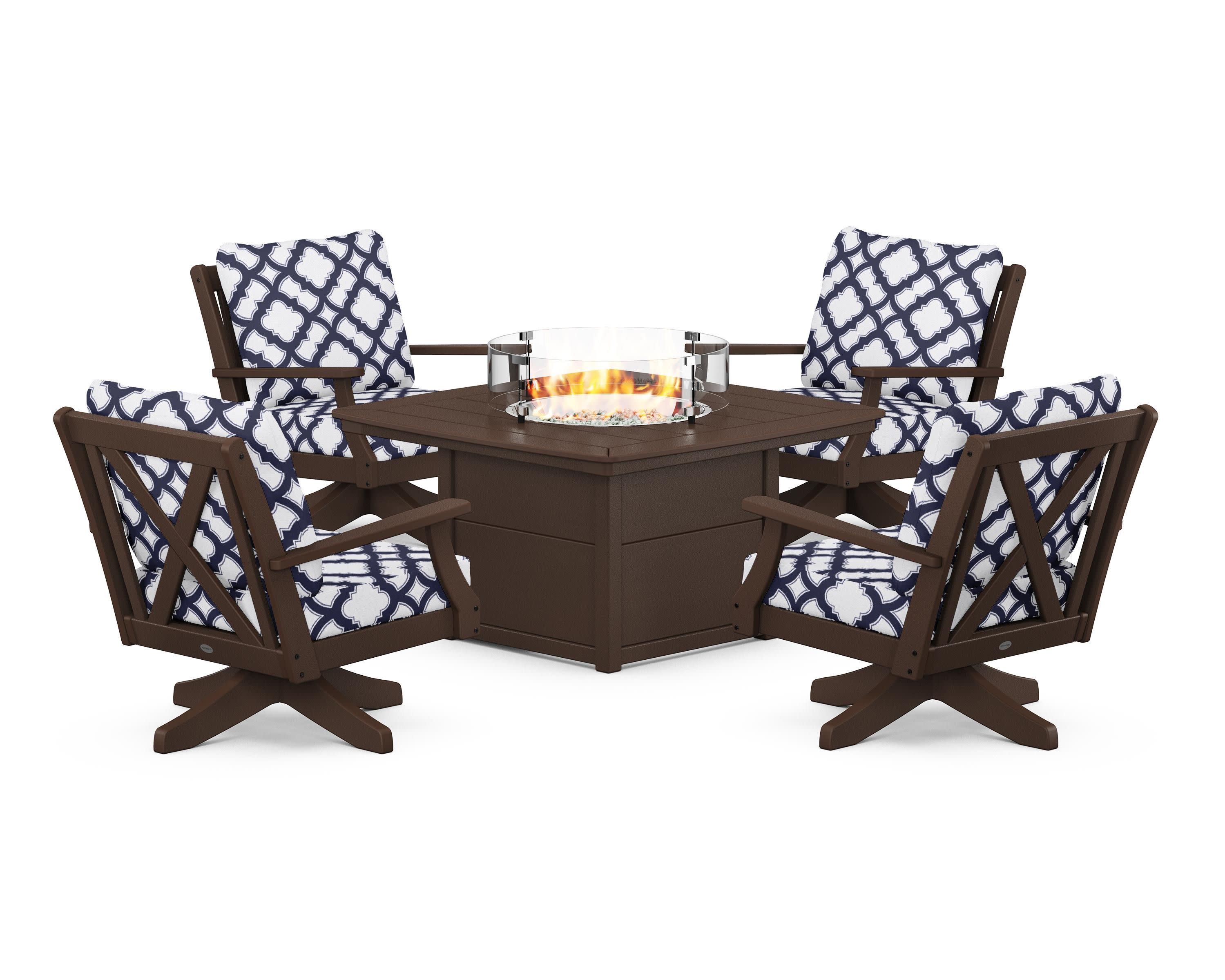 Braxton 5-Piece Deep Seating Swivel Conversation Set with Fire Pit Table in Mahogany / Trellis Navy