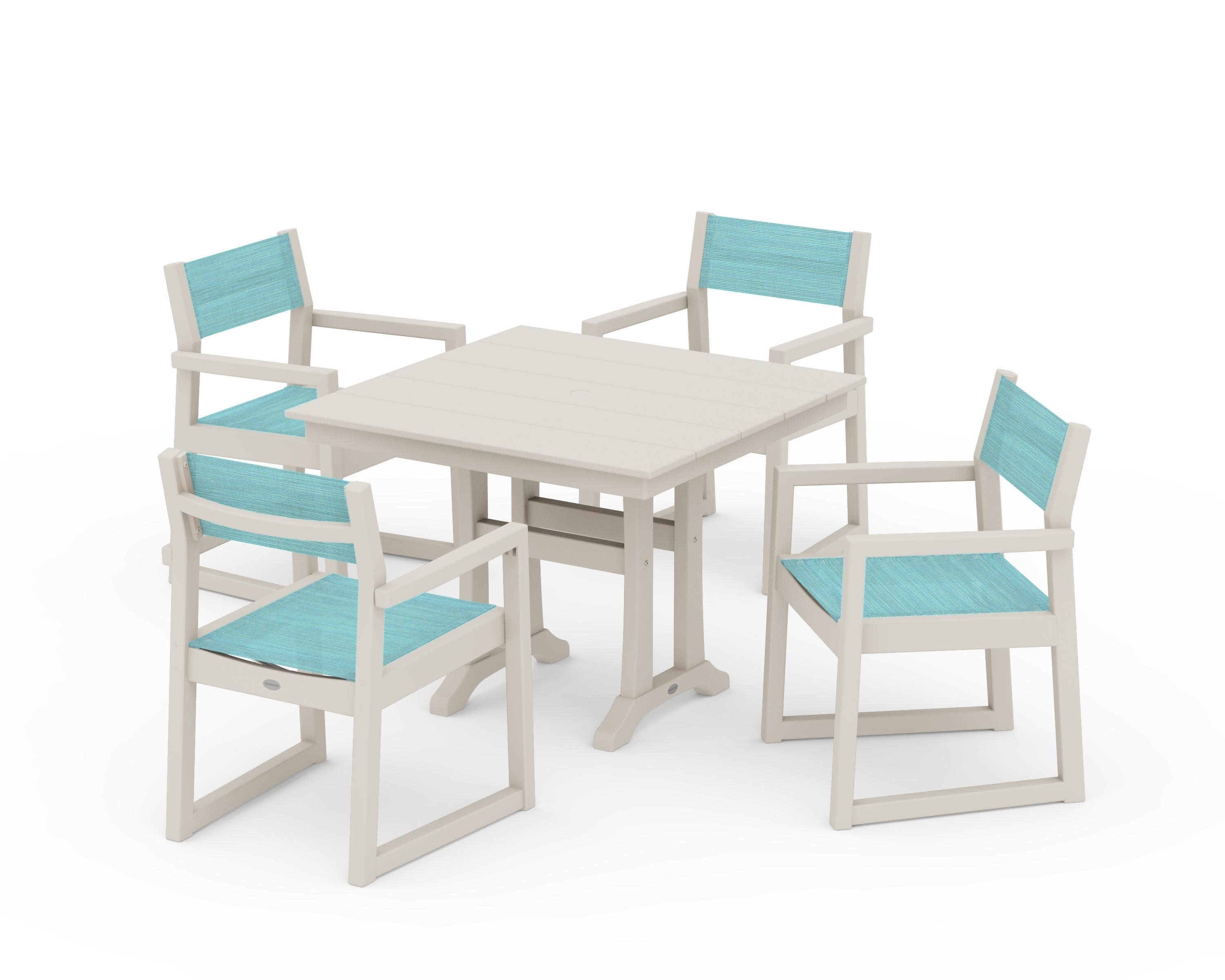 EDGE Sling 5-Piece Farmhouse Dining Set with Trestle Legs in Sand / Dupioni Aquamarine Sling