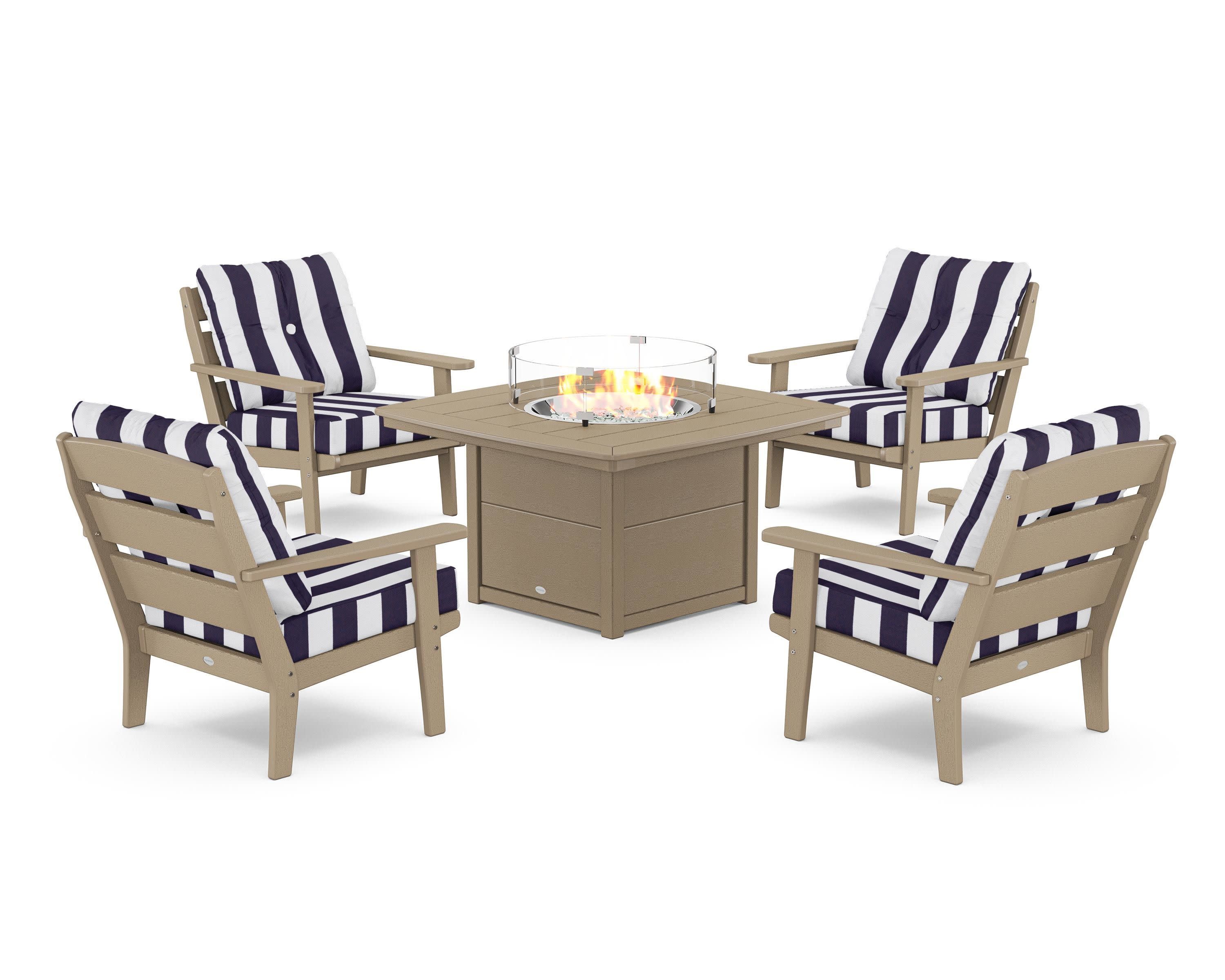 Lakeside 5-Piece Deep Seating Set with Nautical Fire Pit Table in Vintage Sahara / Cabana Stripe Navy