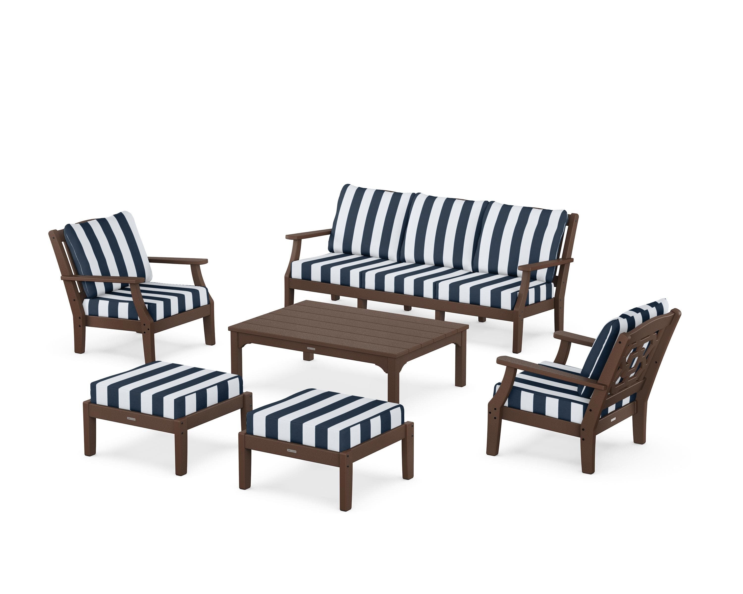 Chinoiserie 6-Piece Lounge Sofa Set in Mahogany / Cabana Stripe Marine Indigo