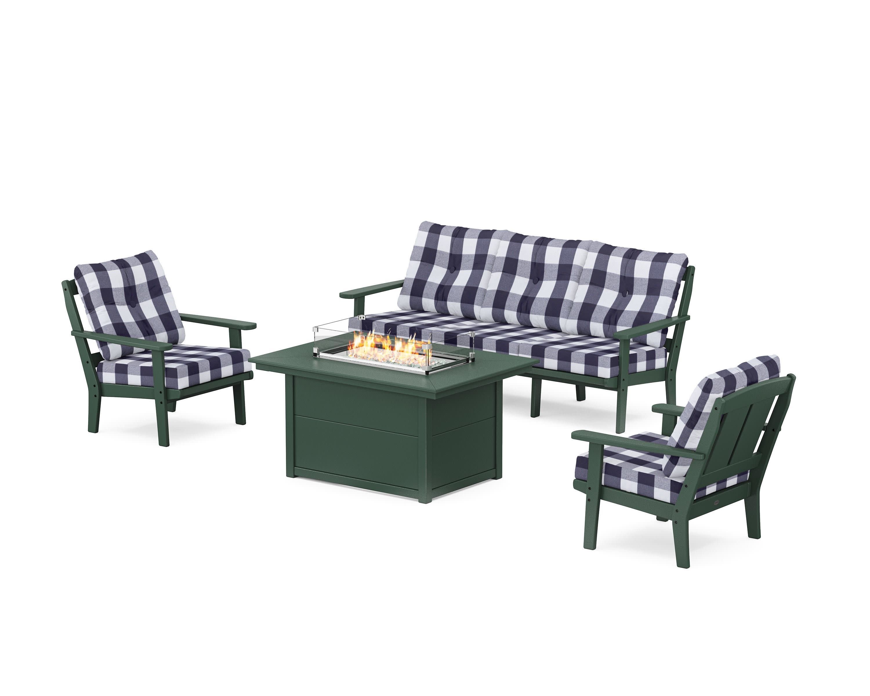 Mission Deep Seating Fire Pit Table Set in Green / Buffalo Plaid Navy
