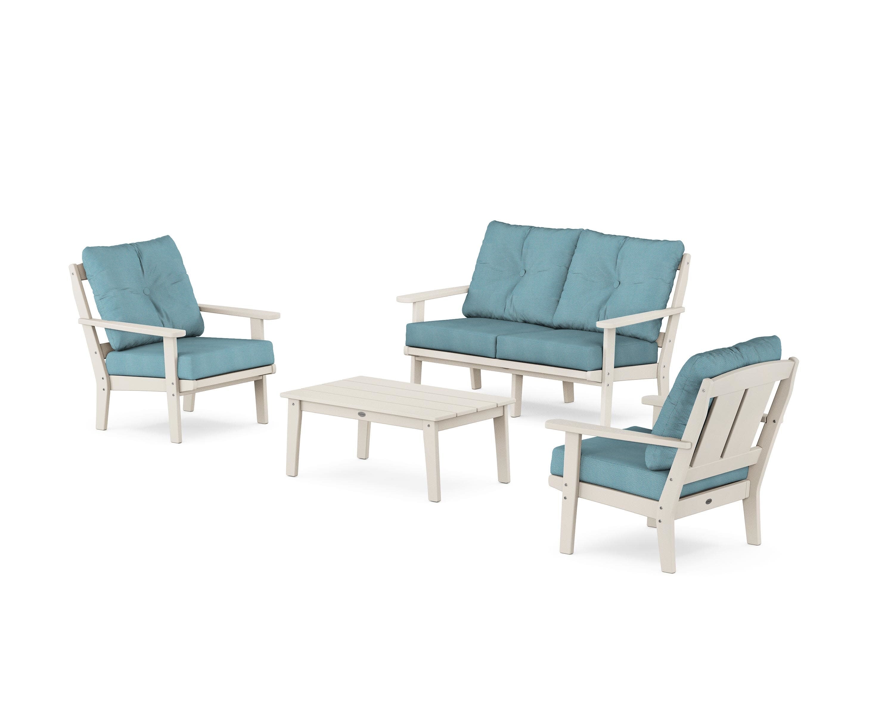 Mission 4-Piece Deep Seating Set with Loveseat in Sand / Lattice Sky Blue
