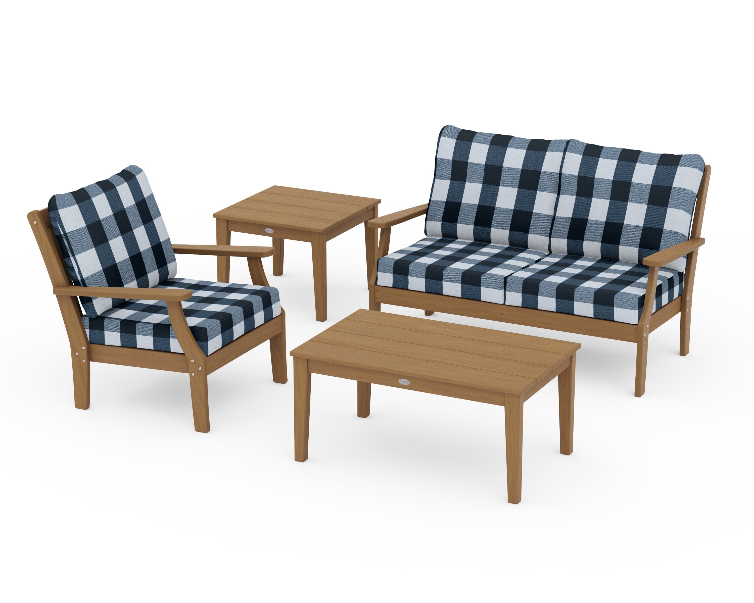 Braxton 4-Piece Deep Seating Set in Natural / Buffalo Plaid Marine Indigo