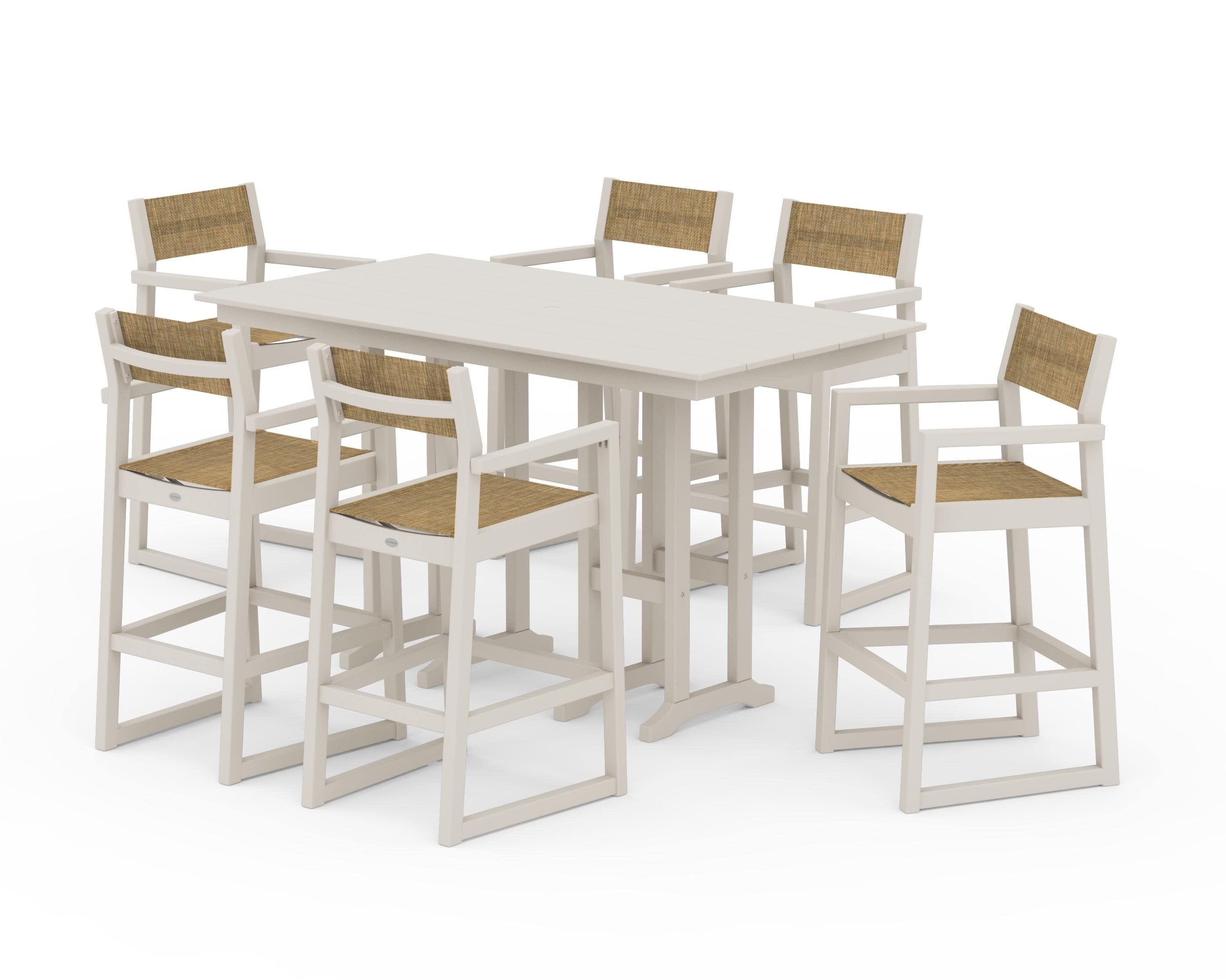 EDGE Sling Arm Chair 7-Piece Farmhouse Bar Set in Sand / Burlap Sling