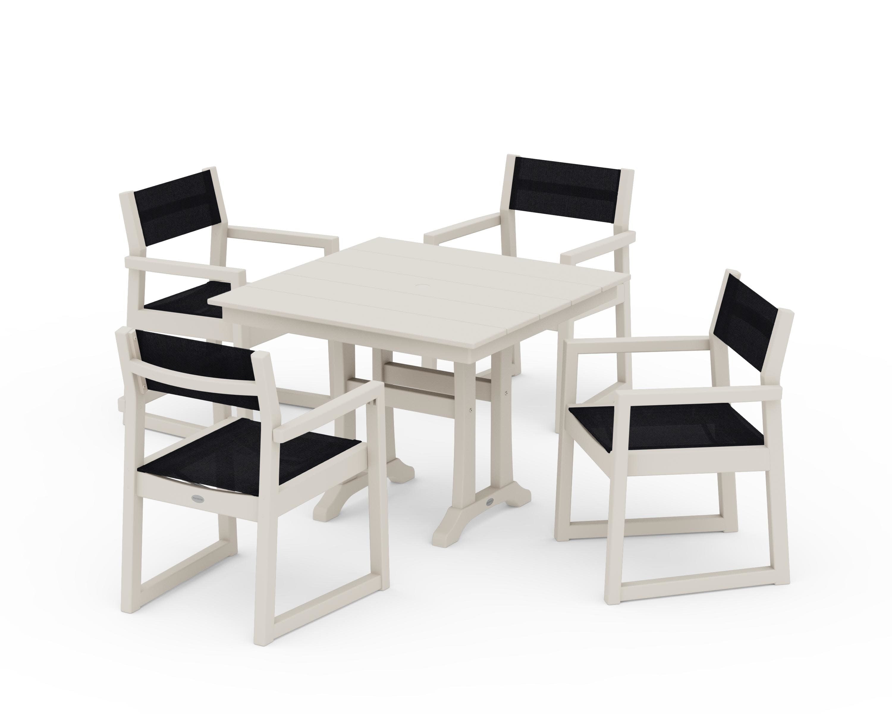 EDGE Sling 5-Piece Farmhouse Dining Set with Trestle Legs in Sand / Black Sling