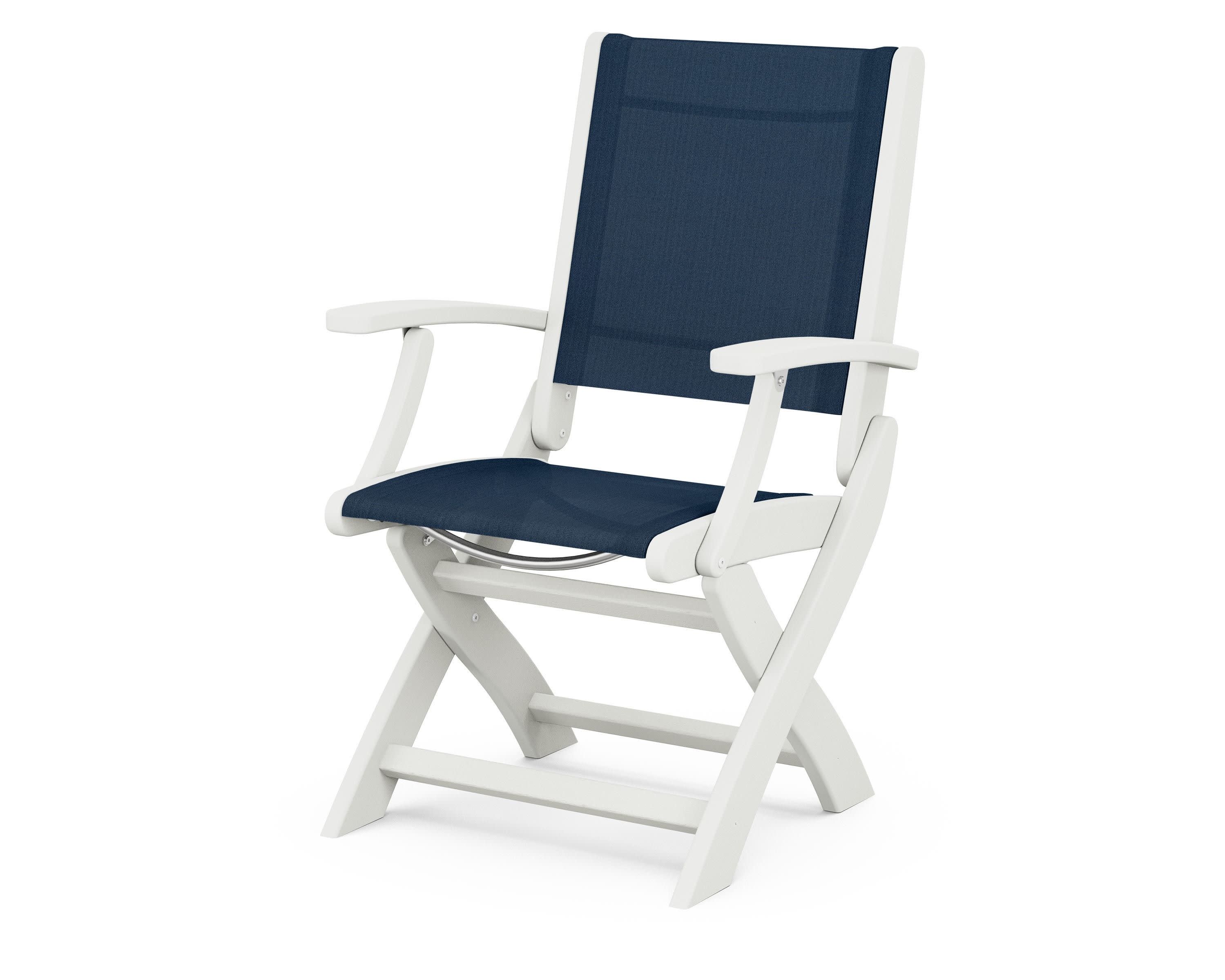 Coastal Folding Chair in Vintage White / Navy Blue Sling