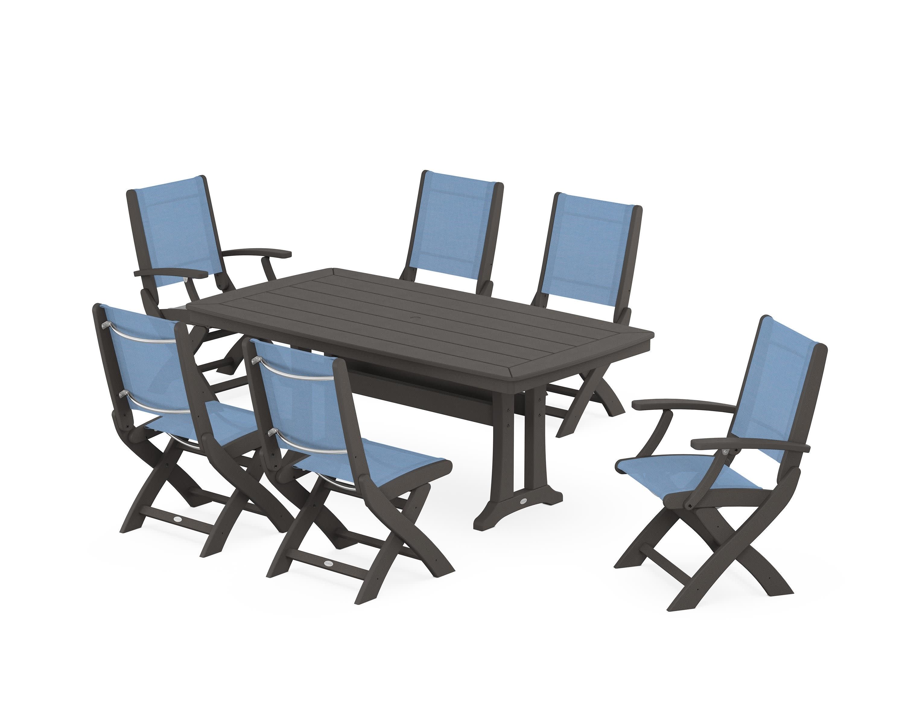 Coastal Folding Chair 7-Piece Dining Set with Trestle Legs in Vintage Coffee / Poolside Sling