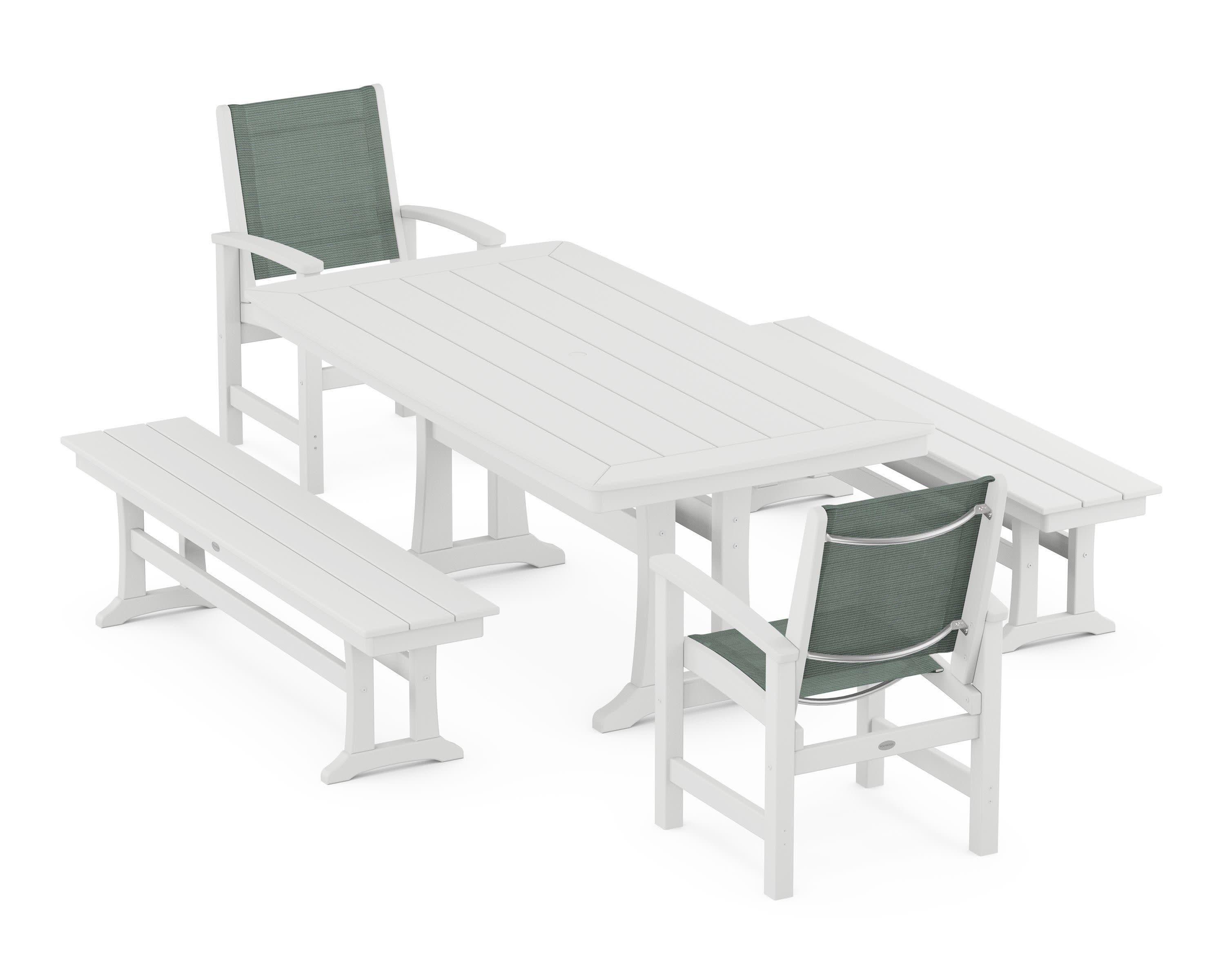Coastal 5-Piece Dining Set with Trestle Legs and Benches in White / Dupioni Sea Mist Sling