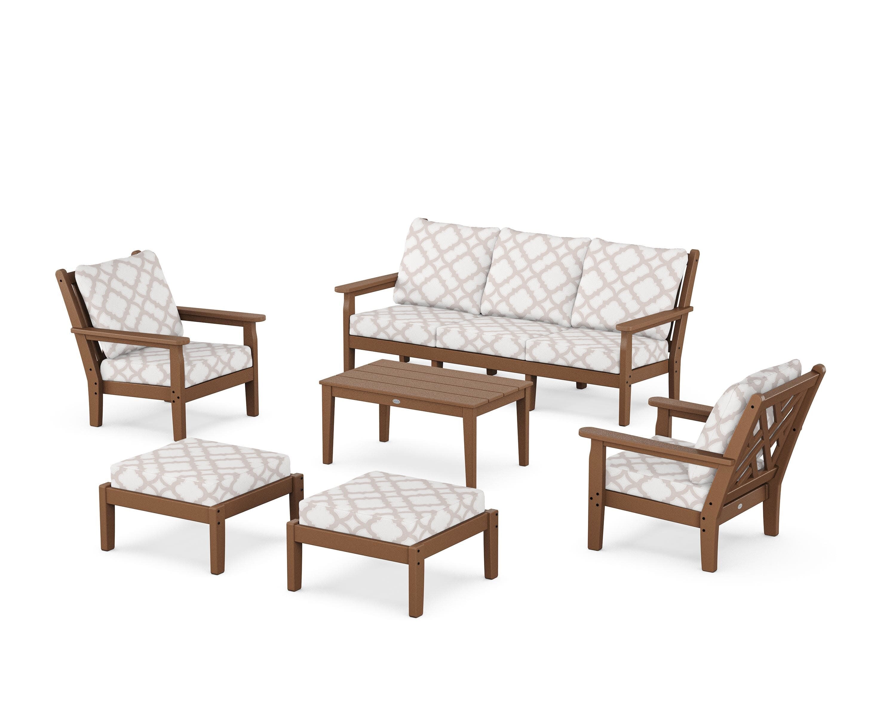 Chippendale 6-Piece Lounge Sofa Set in Teak / Trellis Dune Burlap