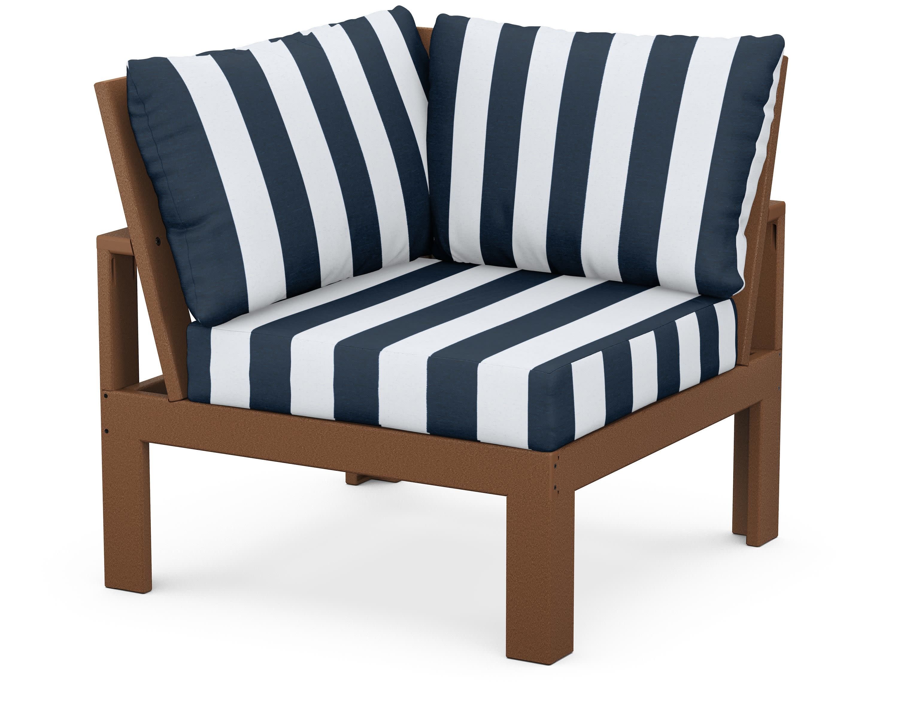 Modular Corner Chair in Teak / Cabana Stripe Marine Indigo
