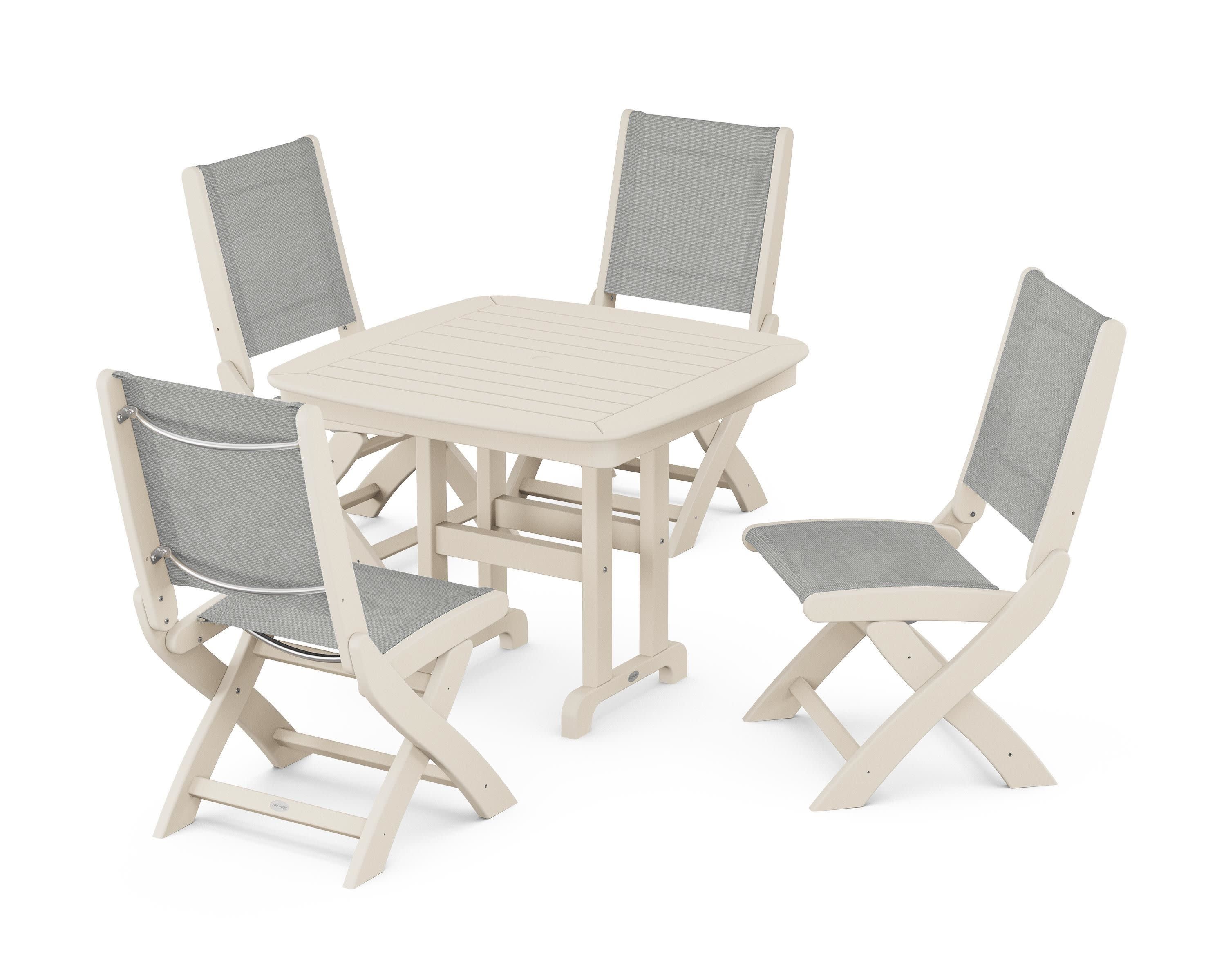 Coastal Folding Side Chair 5-Piece Dining Set in Sand / Metallic Sling