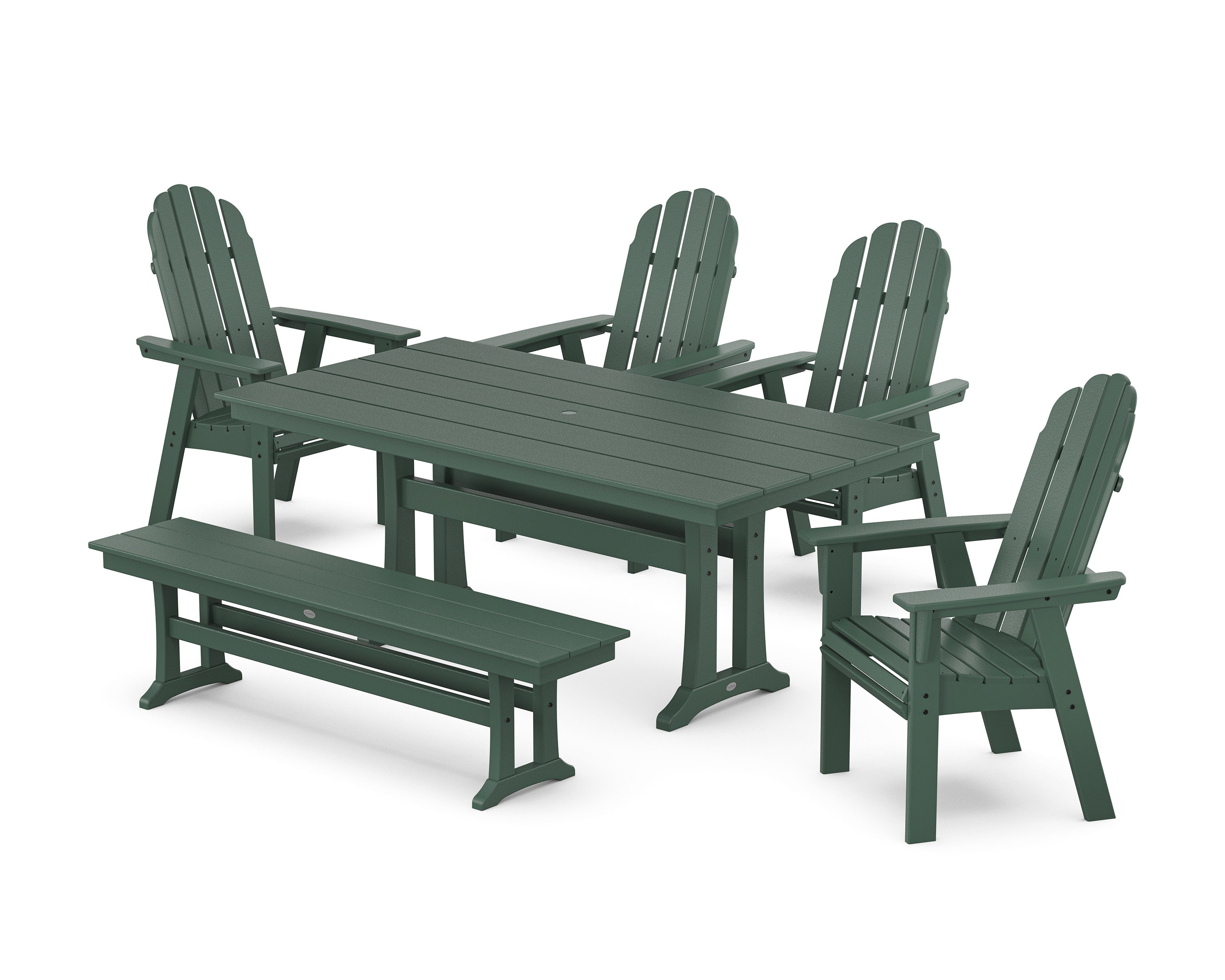 Vineyard Curveback Adirondack Chair 6-Piece Farmhouse Dining Set with Trestle Legs and Bench in Green