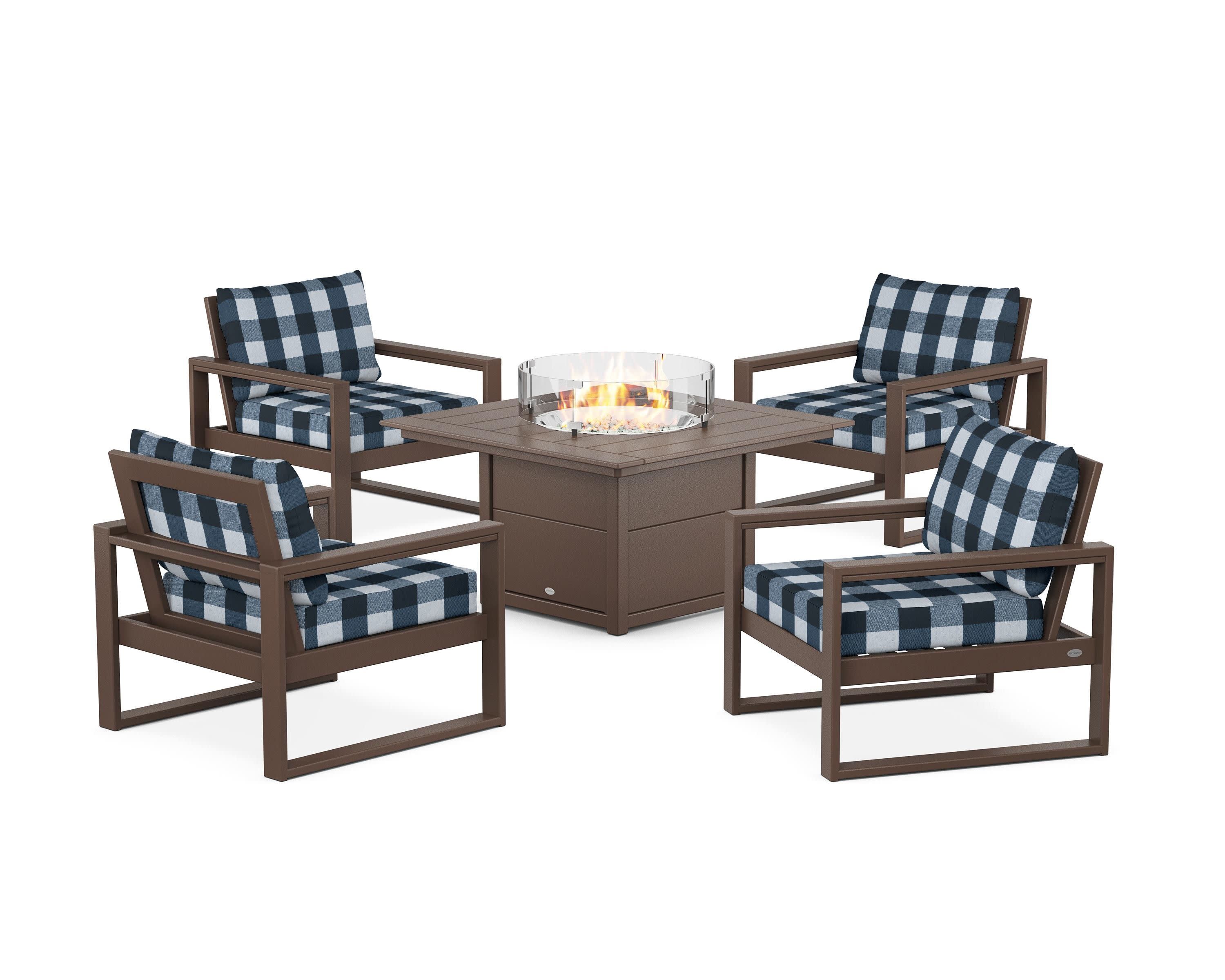 EDGE Sectional 5-Piece Deep Seating Set with Fire Pit Table in Mahogany / Buffalo Plaid Marine Indigo