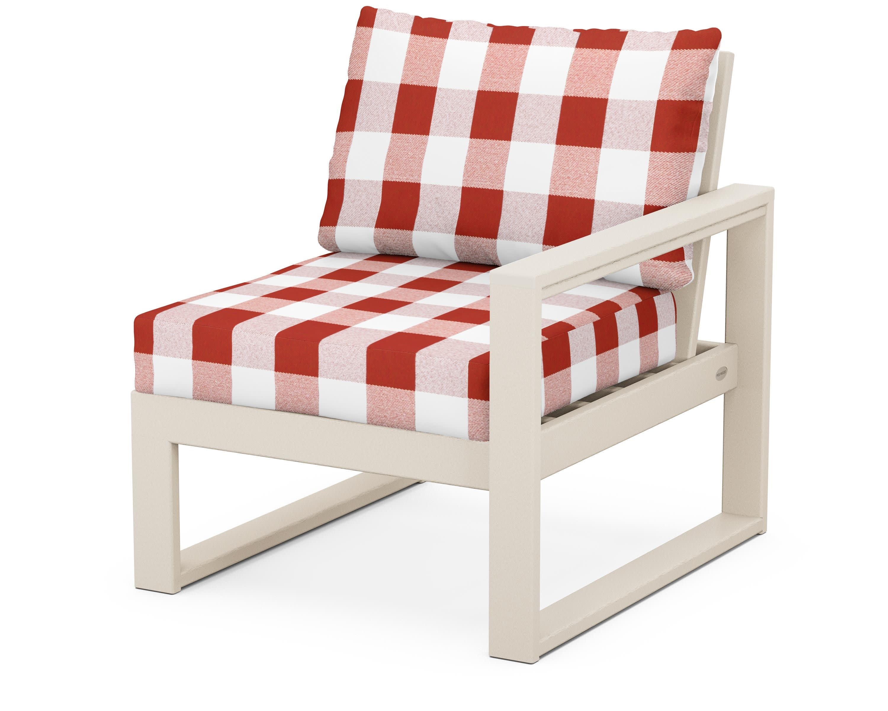 EDGE Modular Right Arm Chair in Sand / Buffalo Plaid Crimson