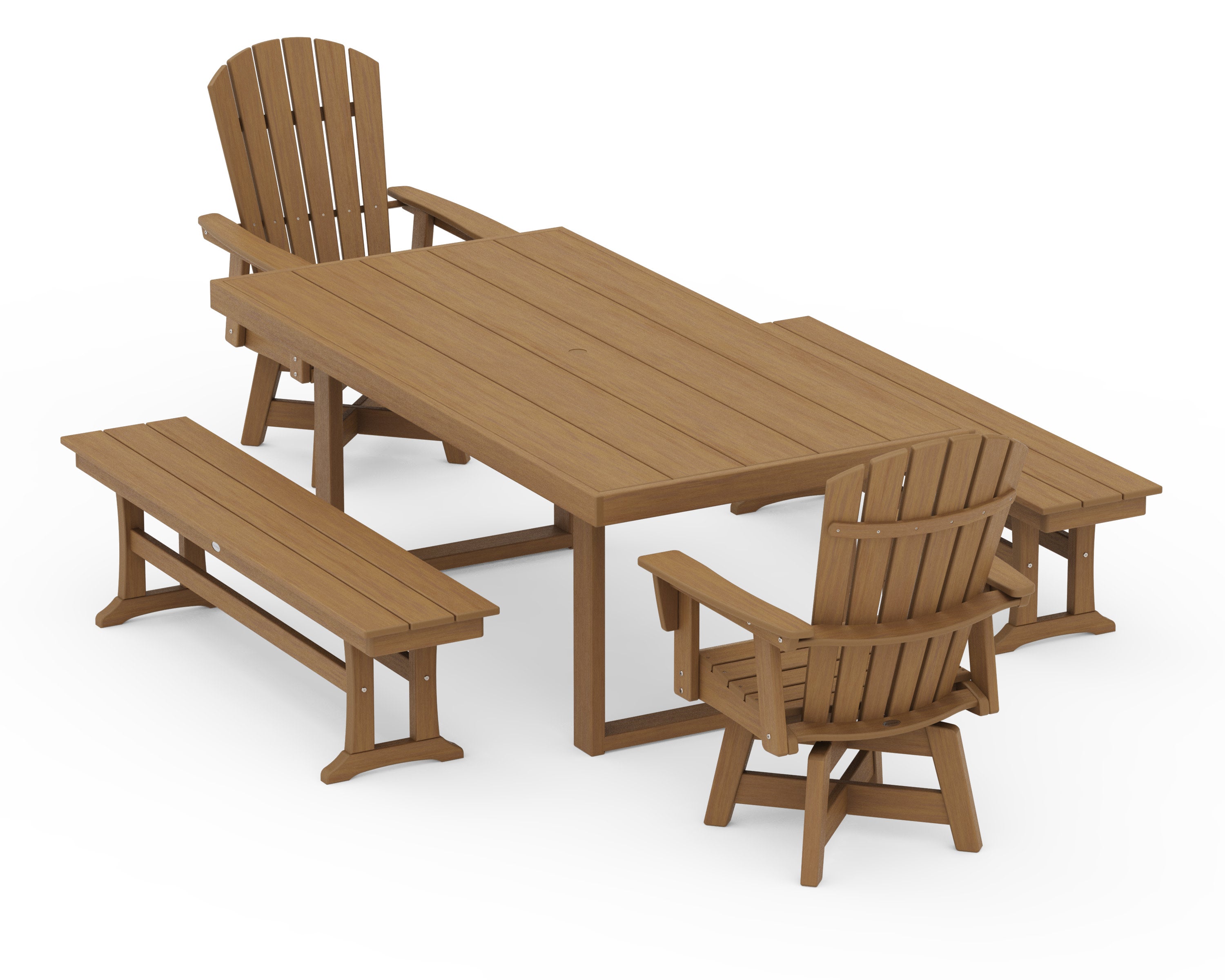 Nautical Curveback Adirondack Swivel Chair 5-Piece Dining Set with Benches in Natural