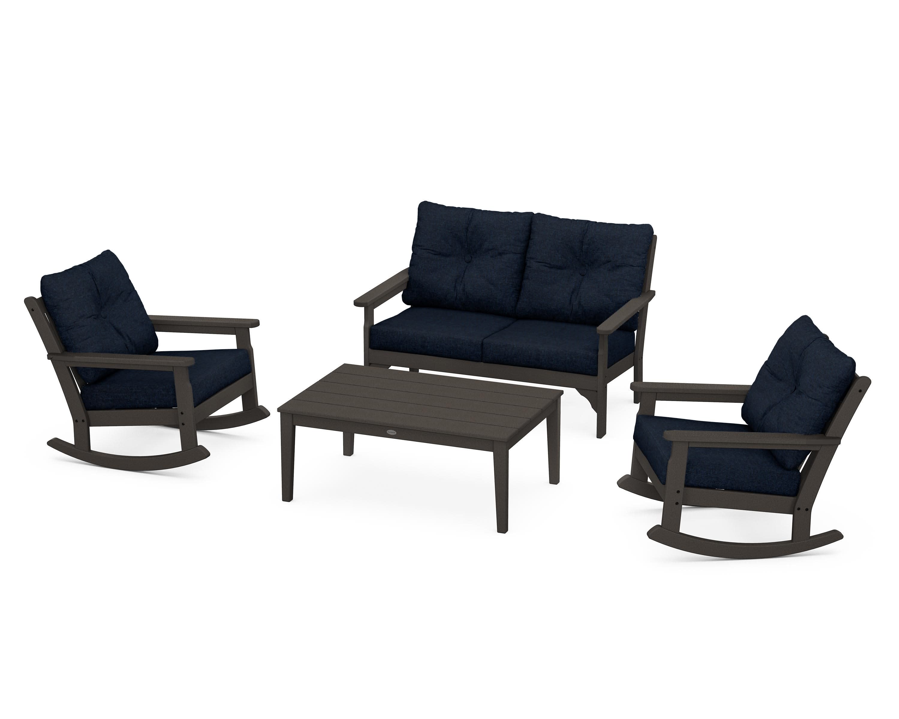 Vineyard 4-Piece Deep Seating Rocking Chair Set in Vintage Coffee / Marine Indigo
