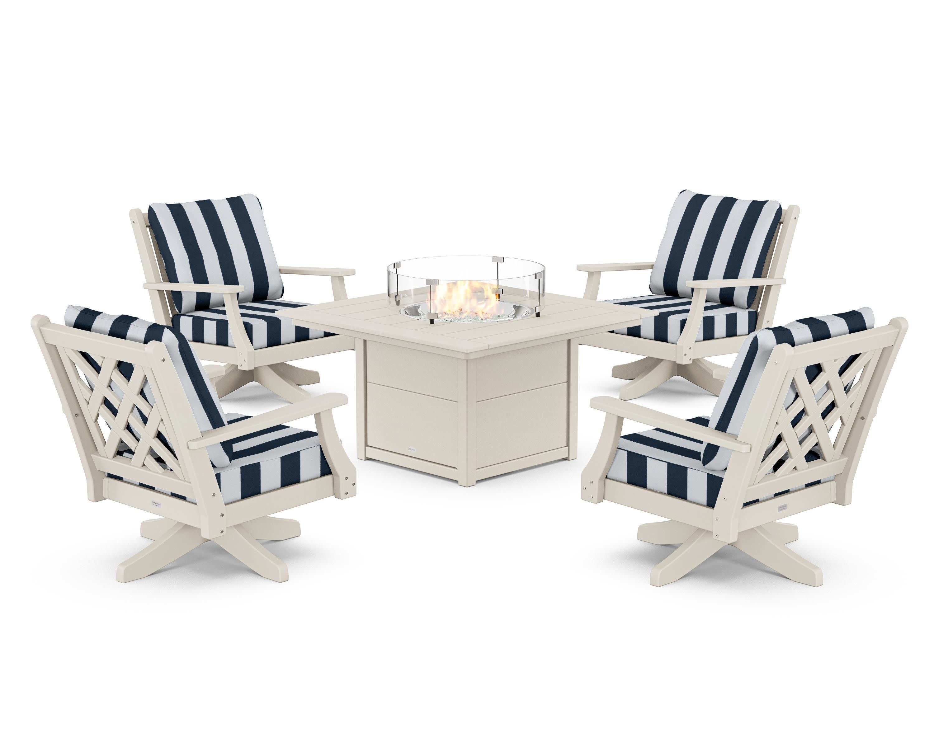 Wovendale 5-Piece Deep Seating Swivel Conversation Set with Fire Pit Table in Sand / Cabana Stripe Marine Indigo