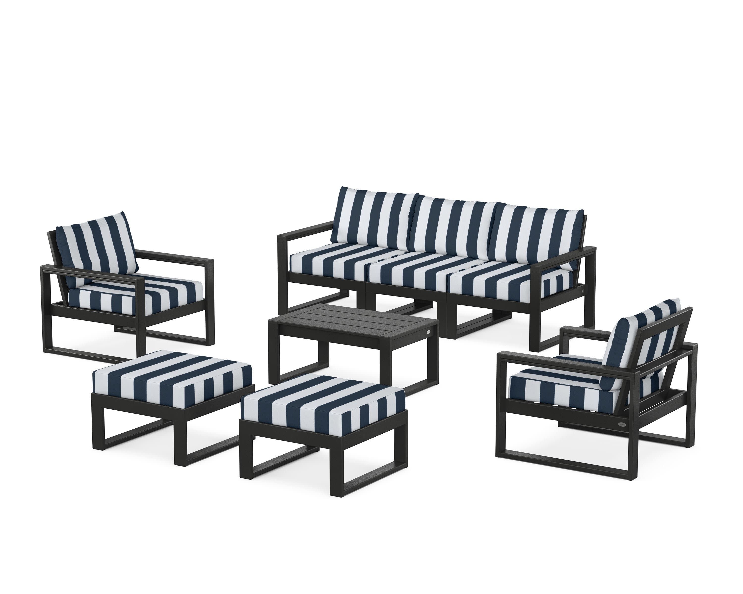 EDGE Sectional 8-Piece Lounge Sofa Set in Black / Cabana Stripe Marine Indigo