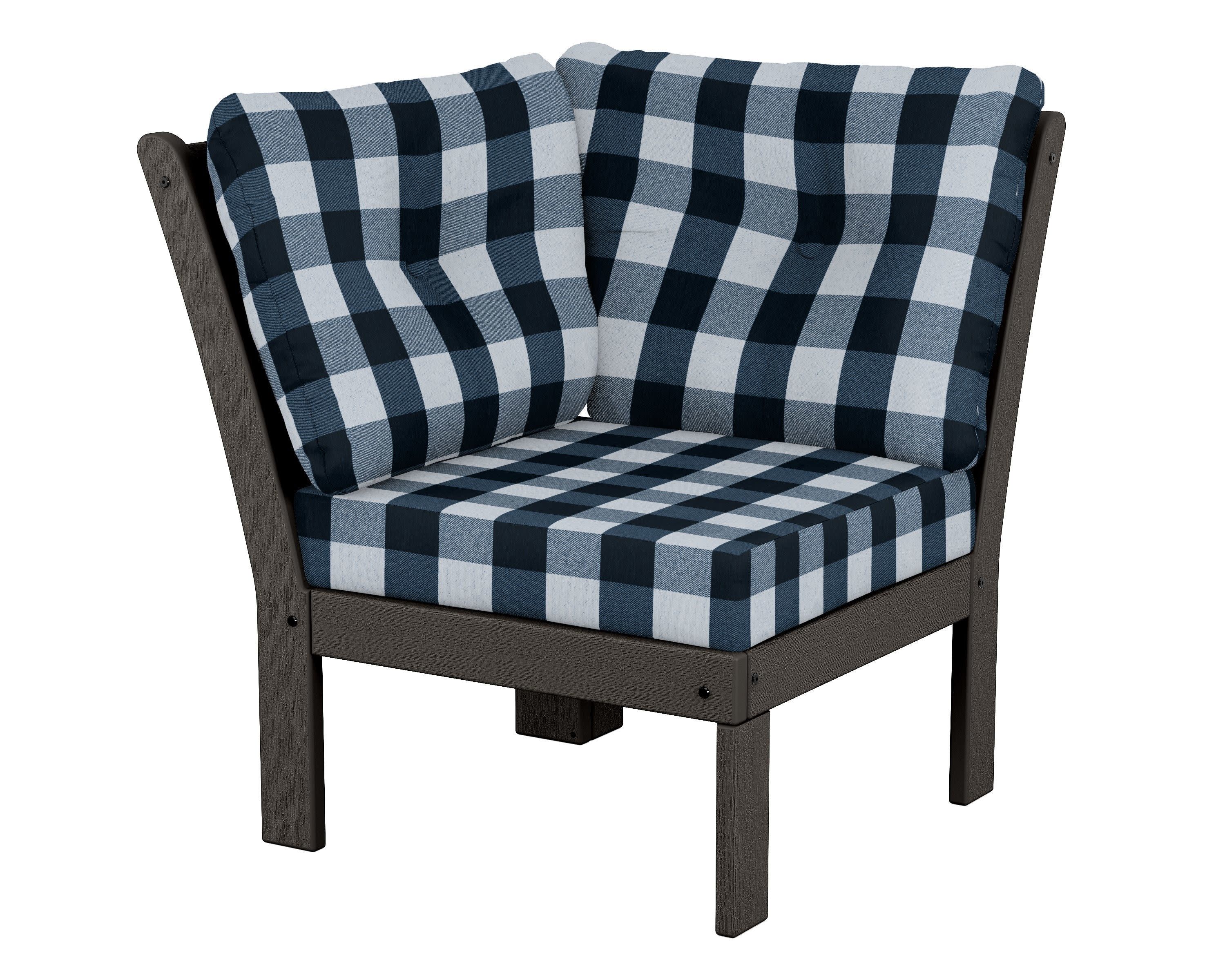 Vineyard Modular Corner Chair in Vintage Coffee / Buffalo Plaid Marine Indigo