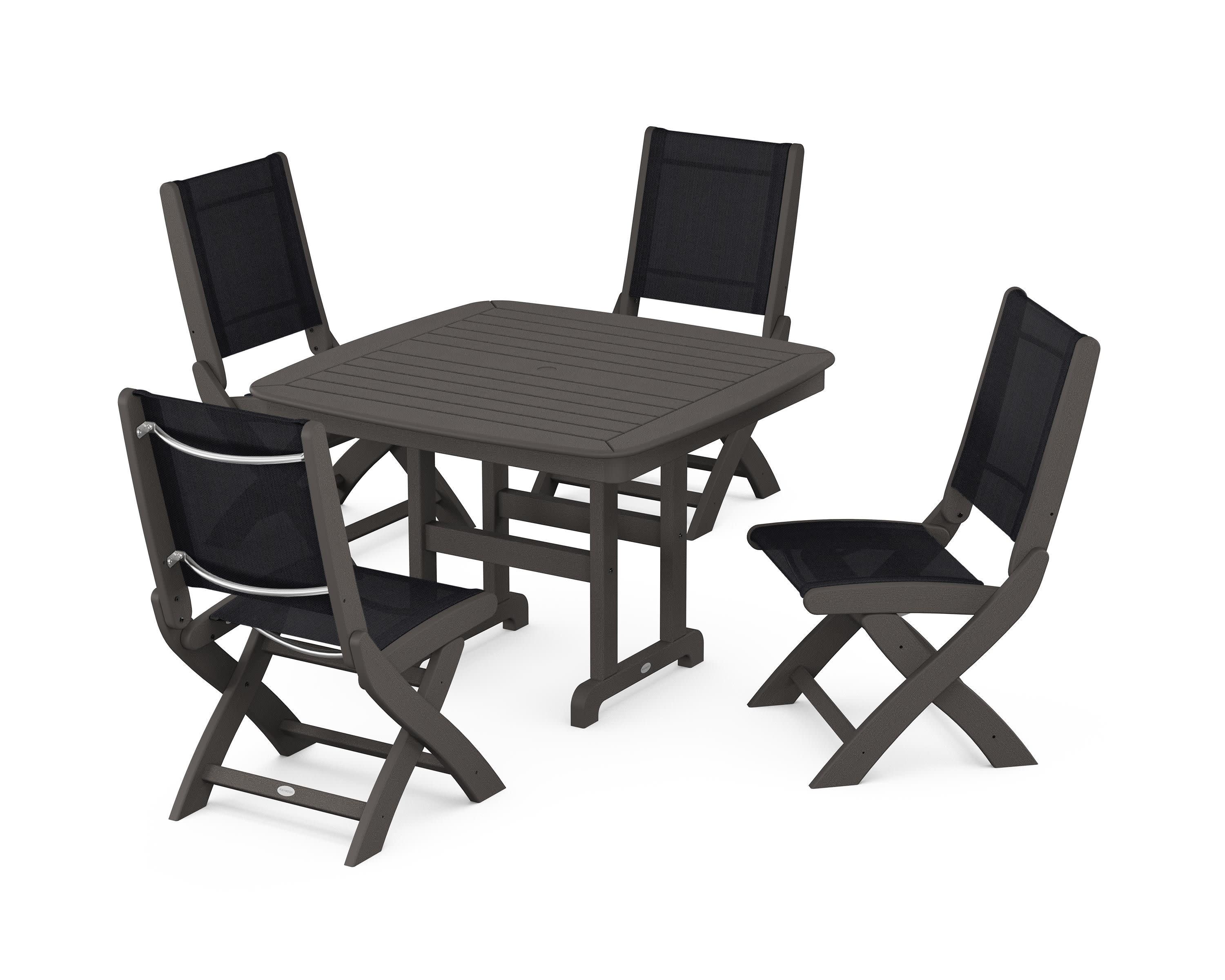 Coastal Folding Side Chair 5-Piece Dining Set in Vintage Coffee / Black Sling