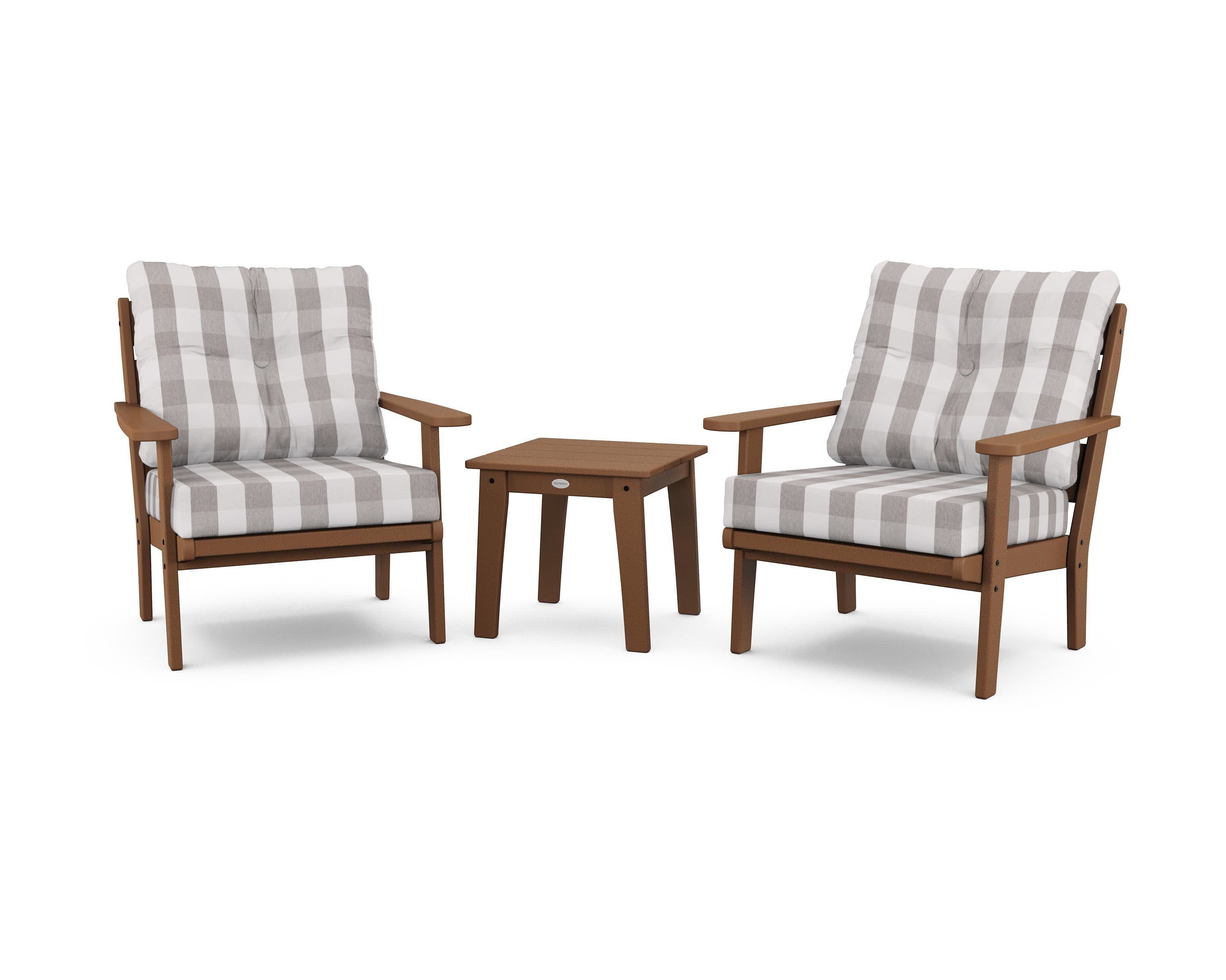 Lakeside 3-Piece Deep Seating Chair Set in Teak / Buffalo Plaid Grey Mist