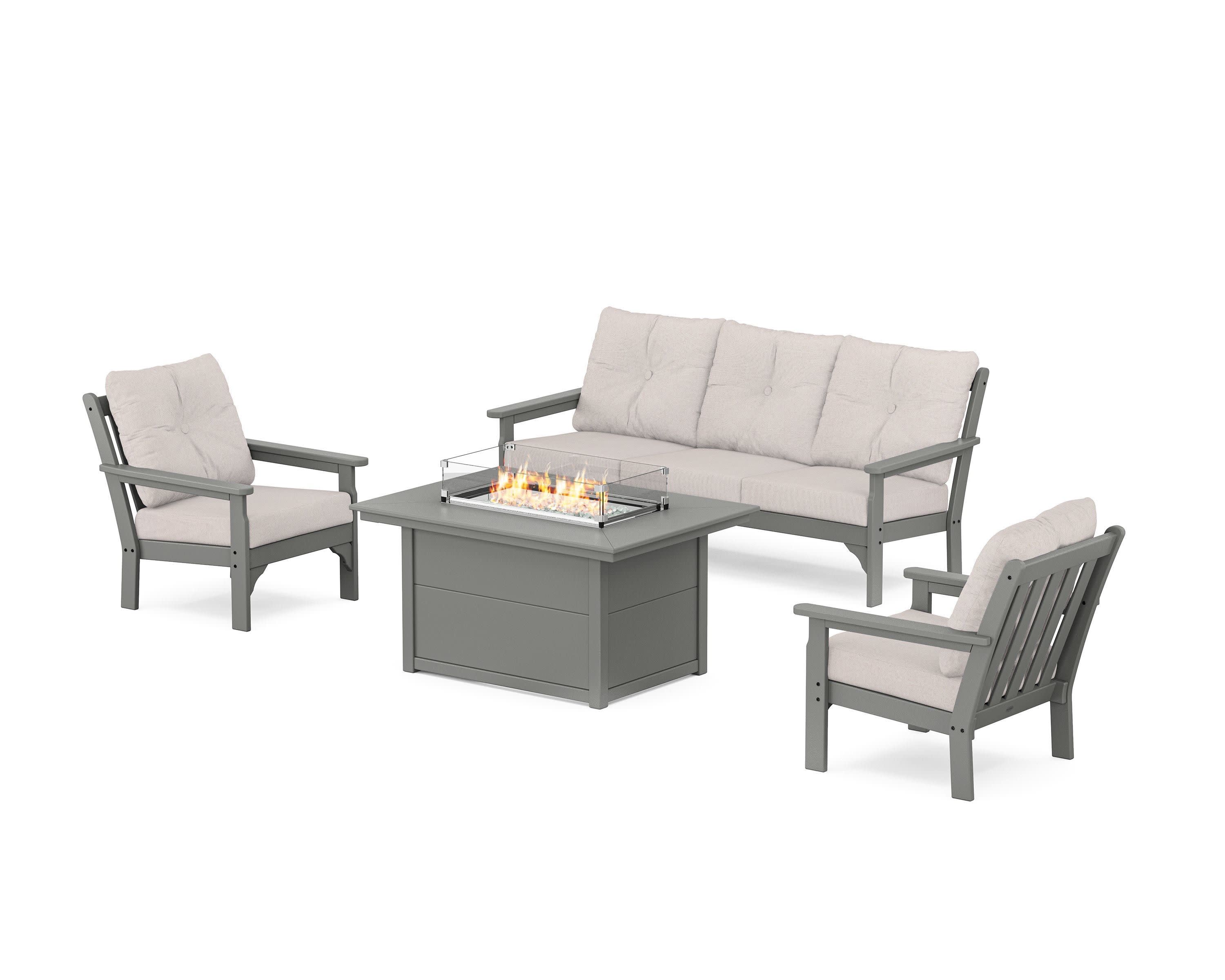 Vineyard Deep Seating Fire Pit Table Set in Slate Grey / Dune Burlap