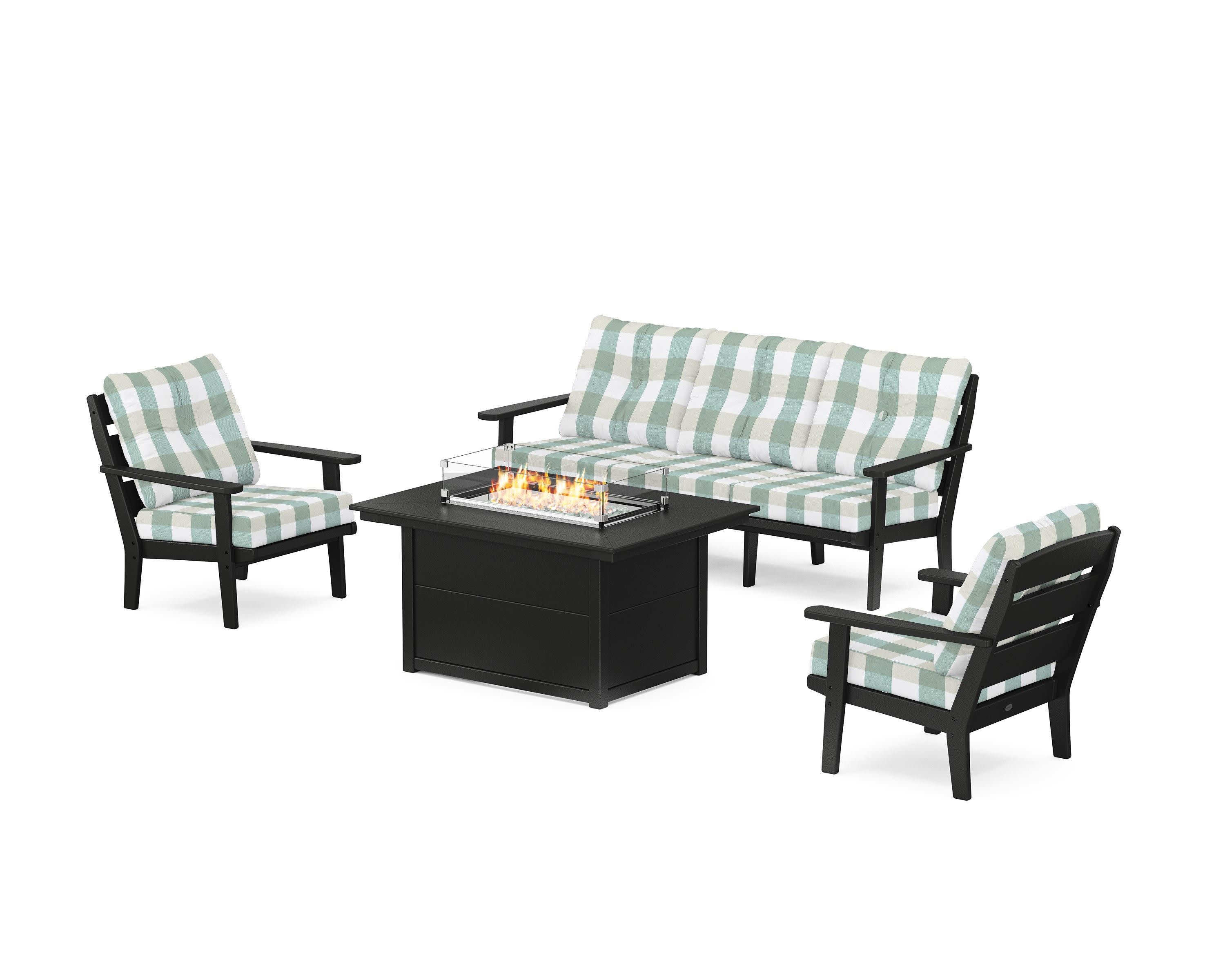 Lakeside Deep Seating Fire Pit Table Set in Black / Buffalo Plaid Glacier Spa