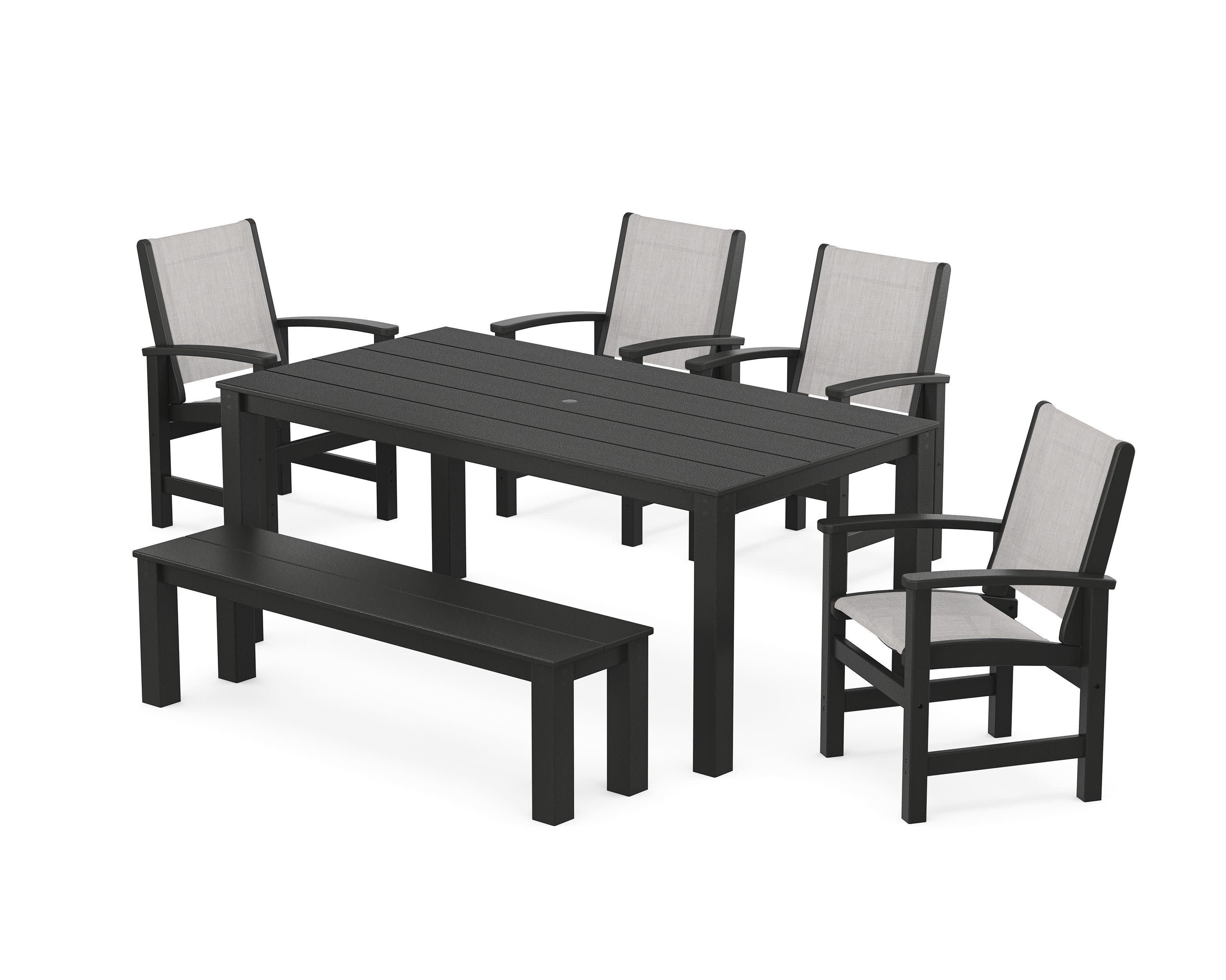 Coastal 6-Piece Parsons Dining Set with Bench in Black / Parchment Sling
