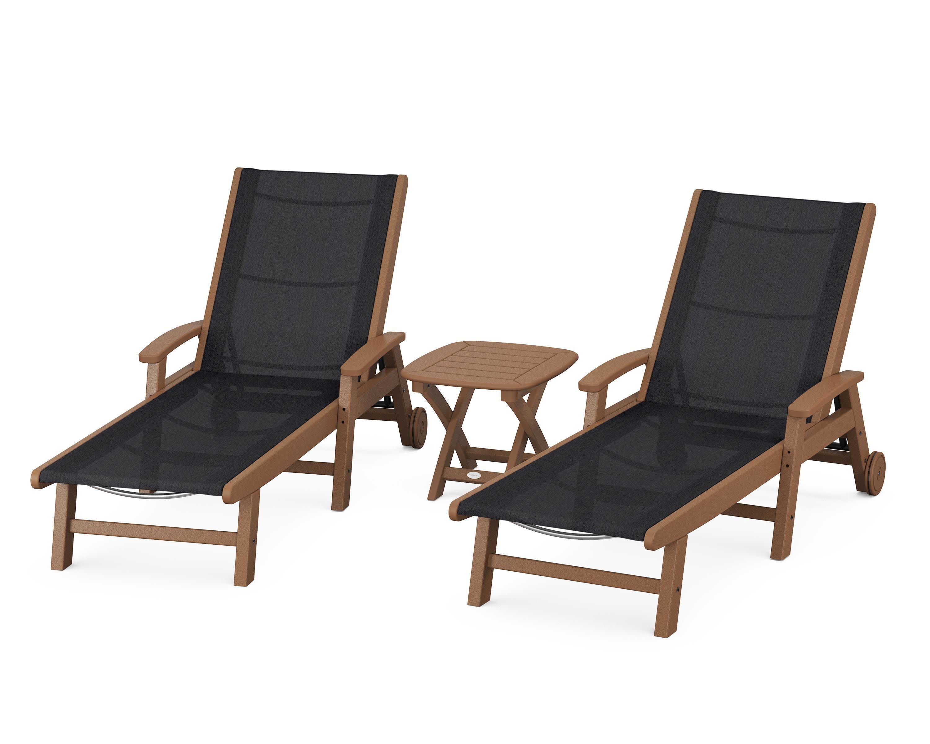 Coastal 3-Piece Wheeled Chaise Set in Teak / Black Sling