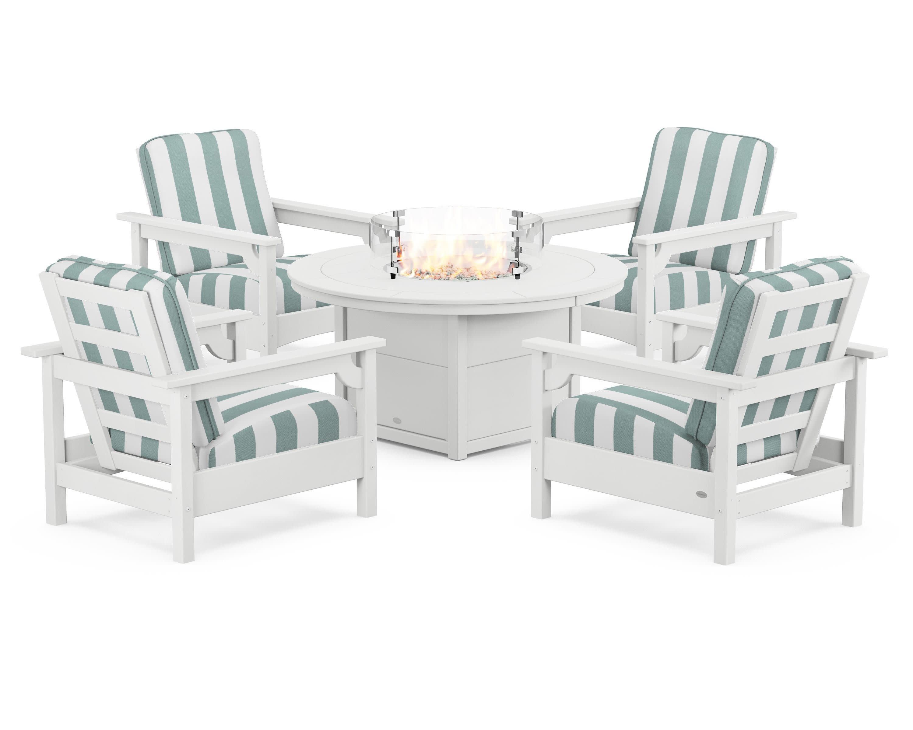 Club 5-Piece Conversation Set with Fire Pit Table in White / Cabana Stripe Glacier Spa