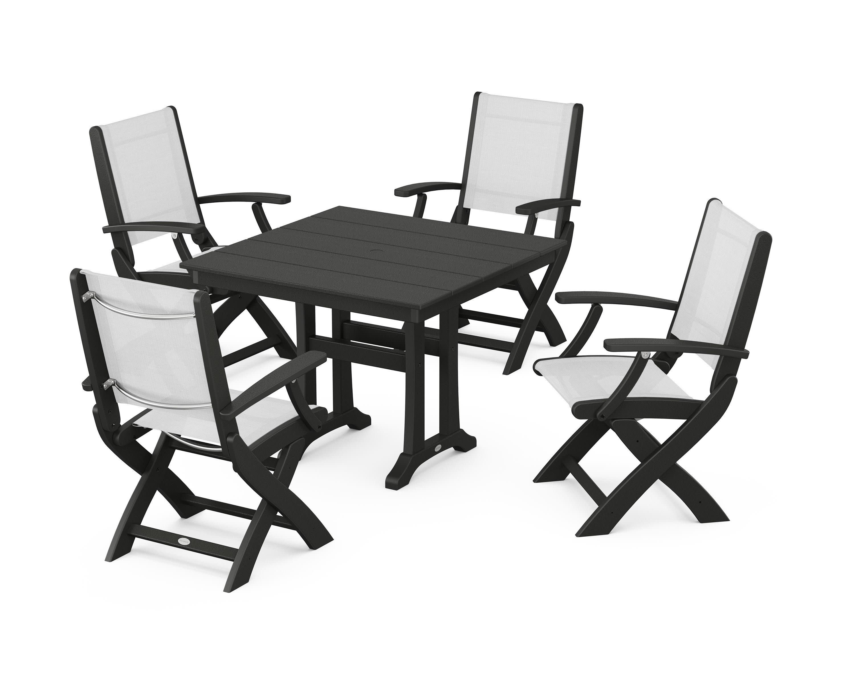 Coastal Folding Chair 5-Piece Farmhouse Dining Set With Trestle Legs in Black / White Sling