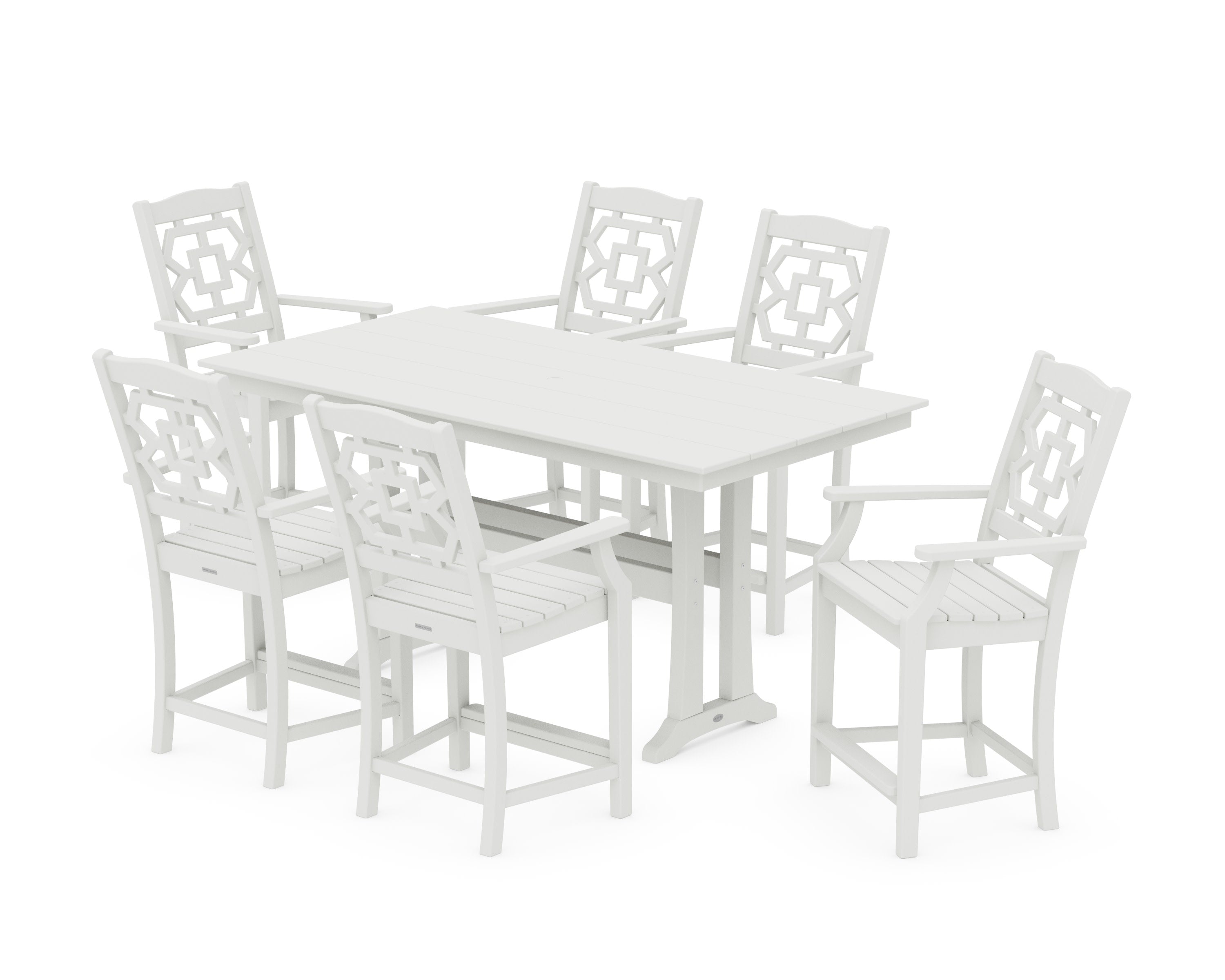Chinoiserie Arm Chair 7-Piece Farmhouse Counter Set with Trestle Legs in Vintage White