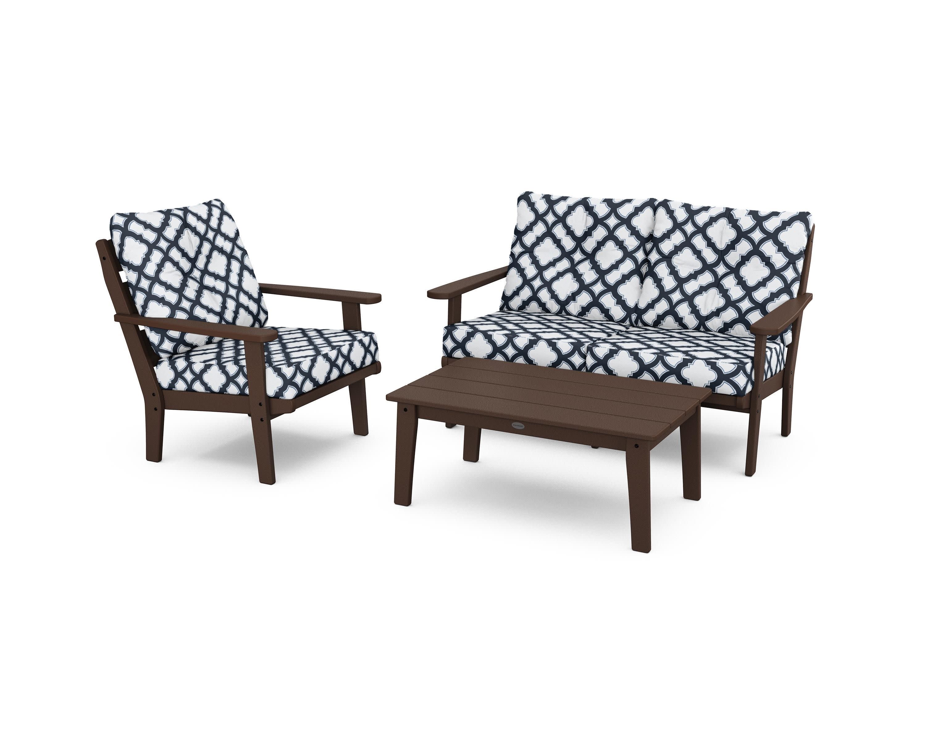 Lakeside 3-Piece Deep Seating Set in Mahogany / Trellis Marine Indigo