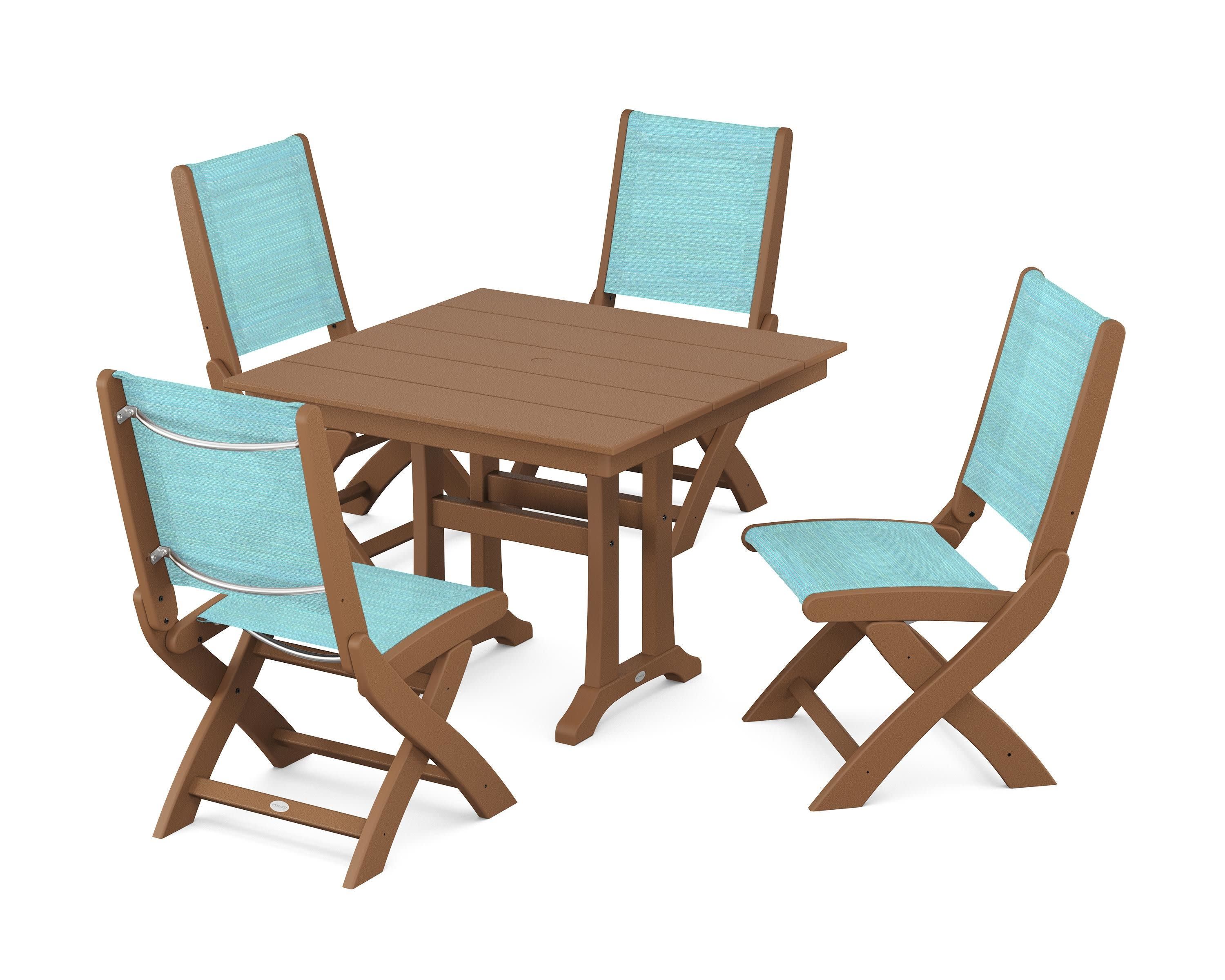 Coastal Folding Side Chair 5-Piece Farmhouse Dining Set With Trestle Legs in Teak / Dupioni Aquamarine Sling