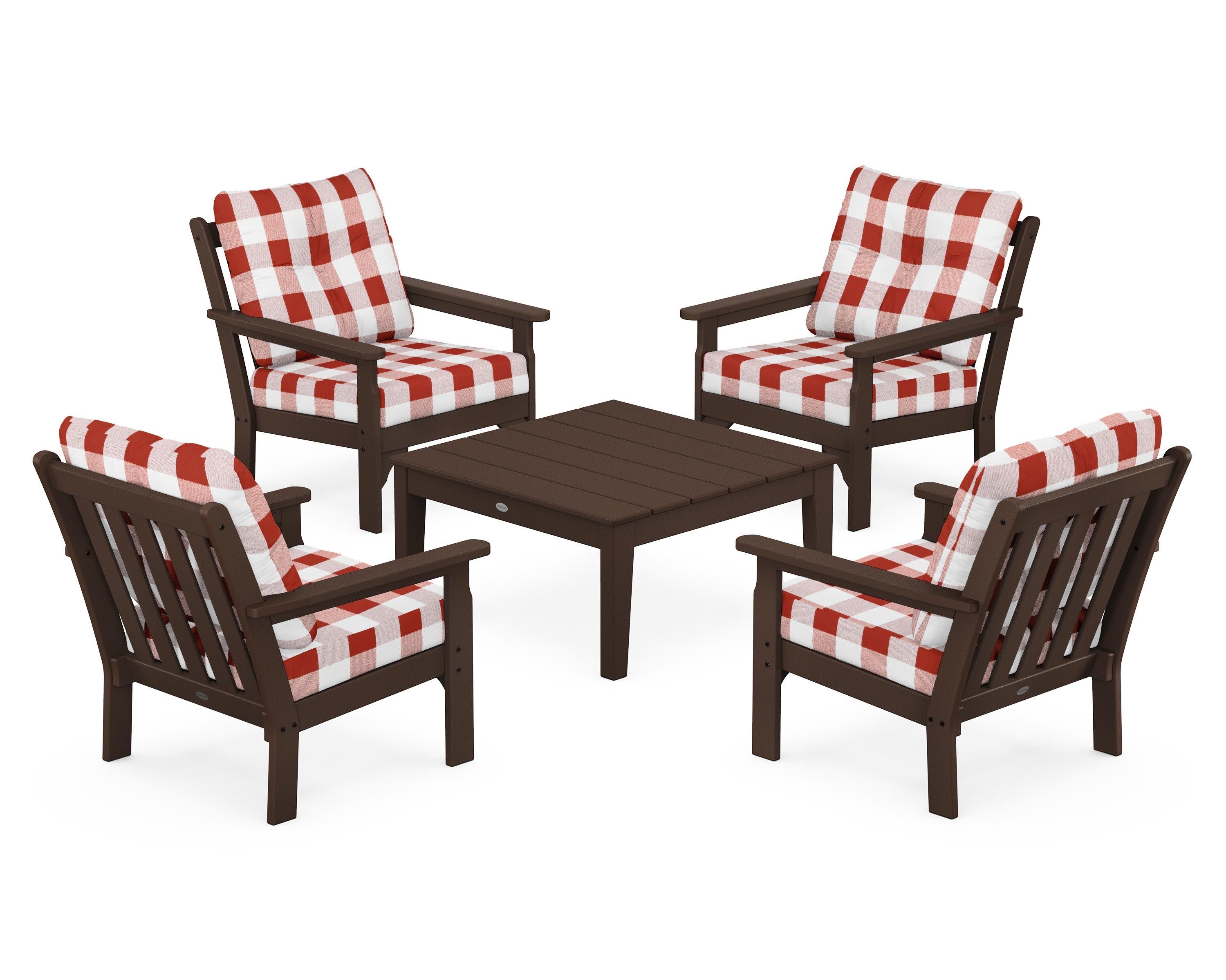 Vineyard 5-Piece Deep Seating Conversation Set in Mahogany / Buffalo Plaid Crimson