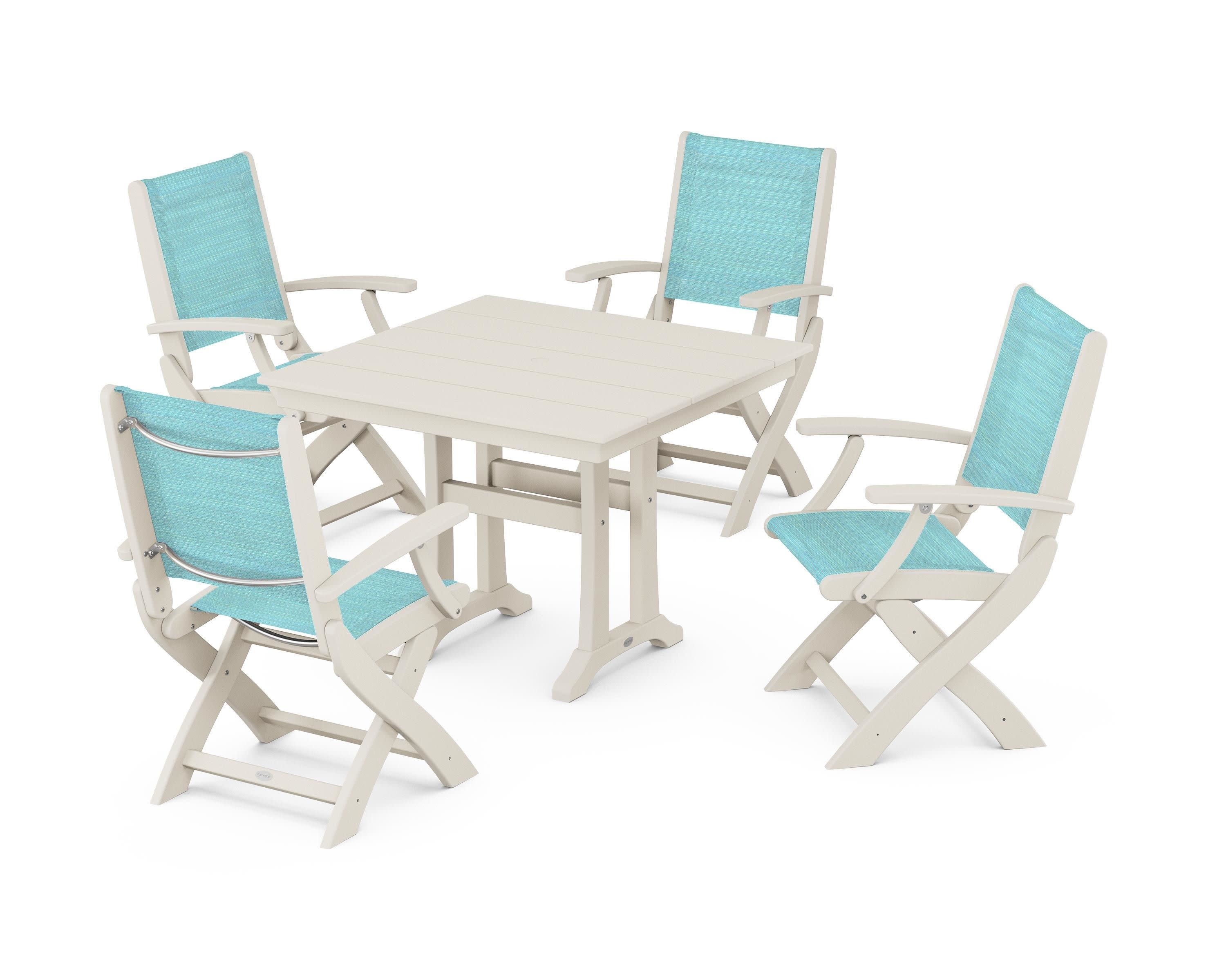 Coastal Folding Chair 5-Piece Farmhouse Dining Set With Trestle Legs in Sand / Dupioni Aquamarine Sling