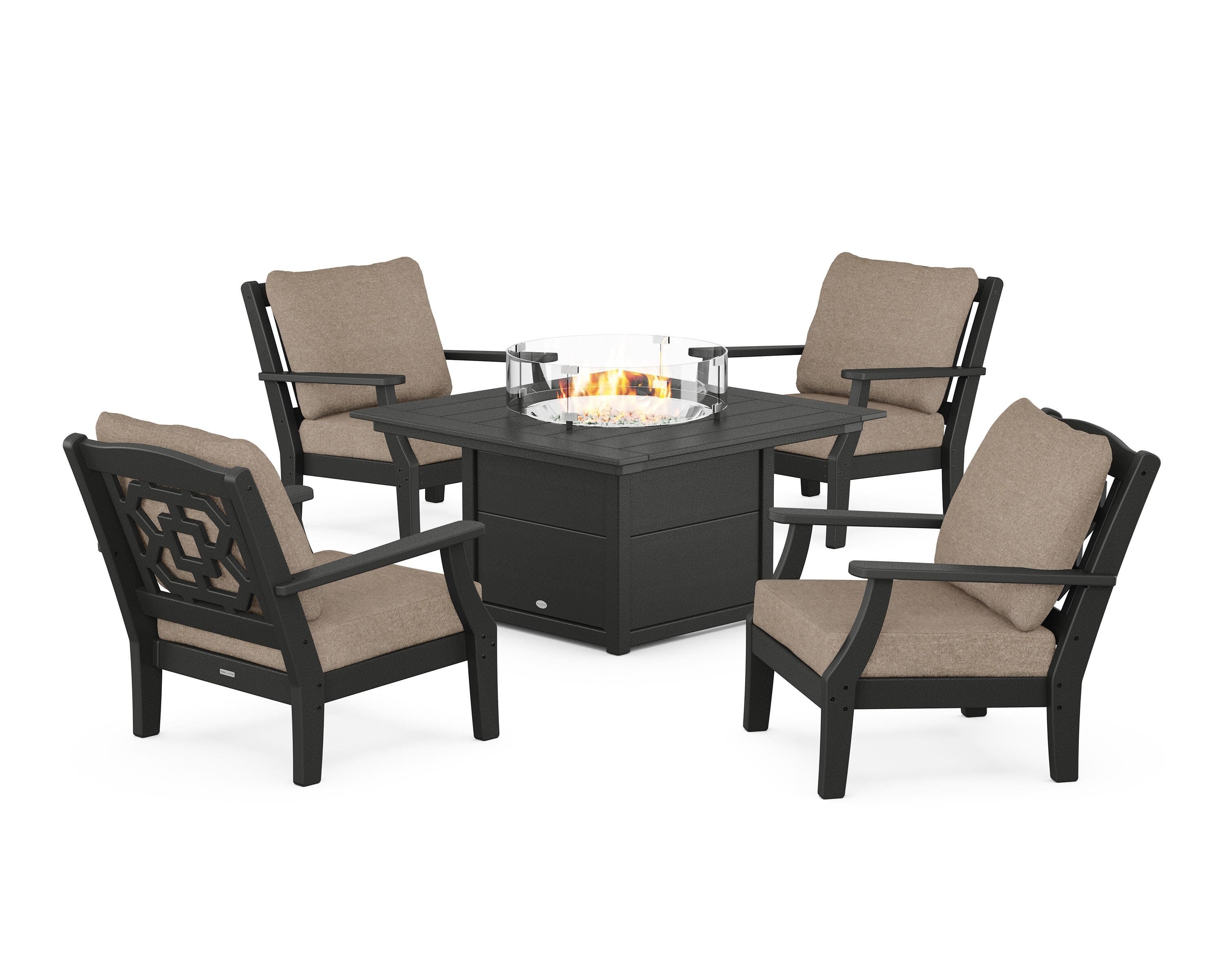 Chinoiserie 5-Piece Deep Seating Set with Fire Pit Table in Black / Spiced Burlap