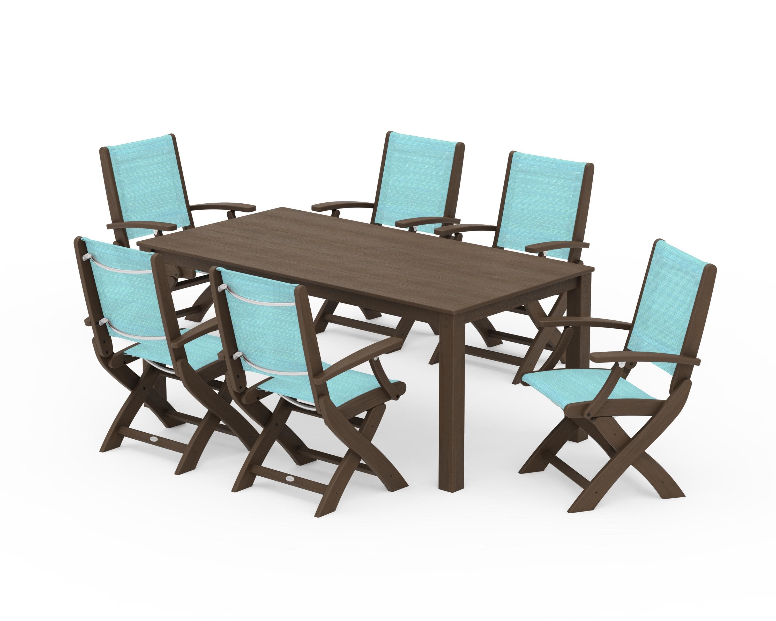 Coastal Folding Chair 7-Piece Parsons Dining Set in Kona / Dupioni Aquamarine Sling
