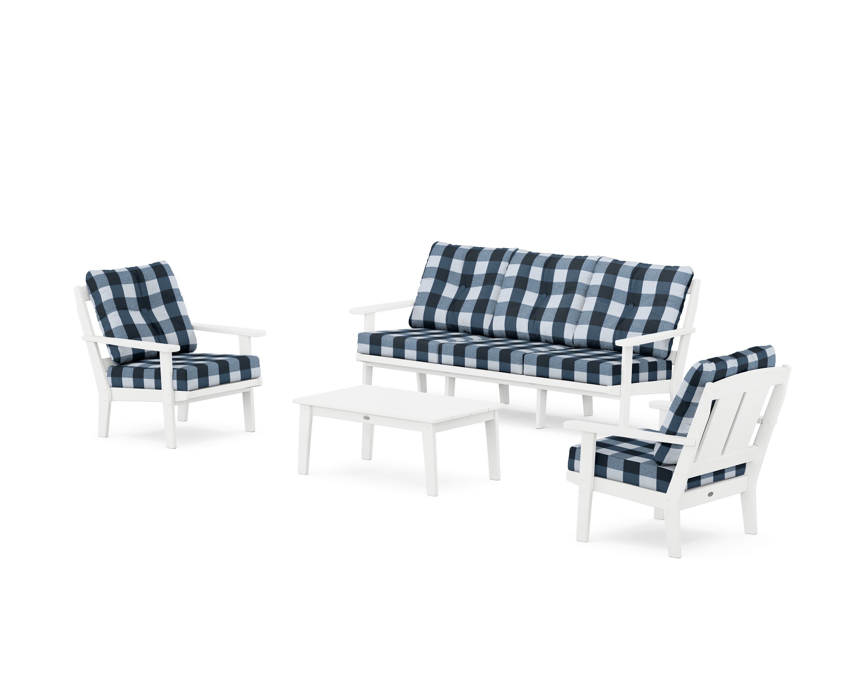 Mission 4-Piece Deep Seating Set with Sofa in White / Buffalo Plaid Marine Indigo