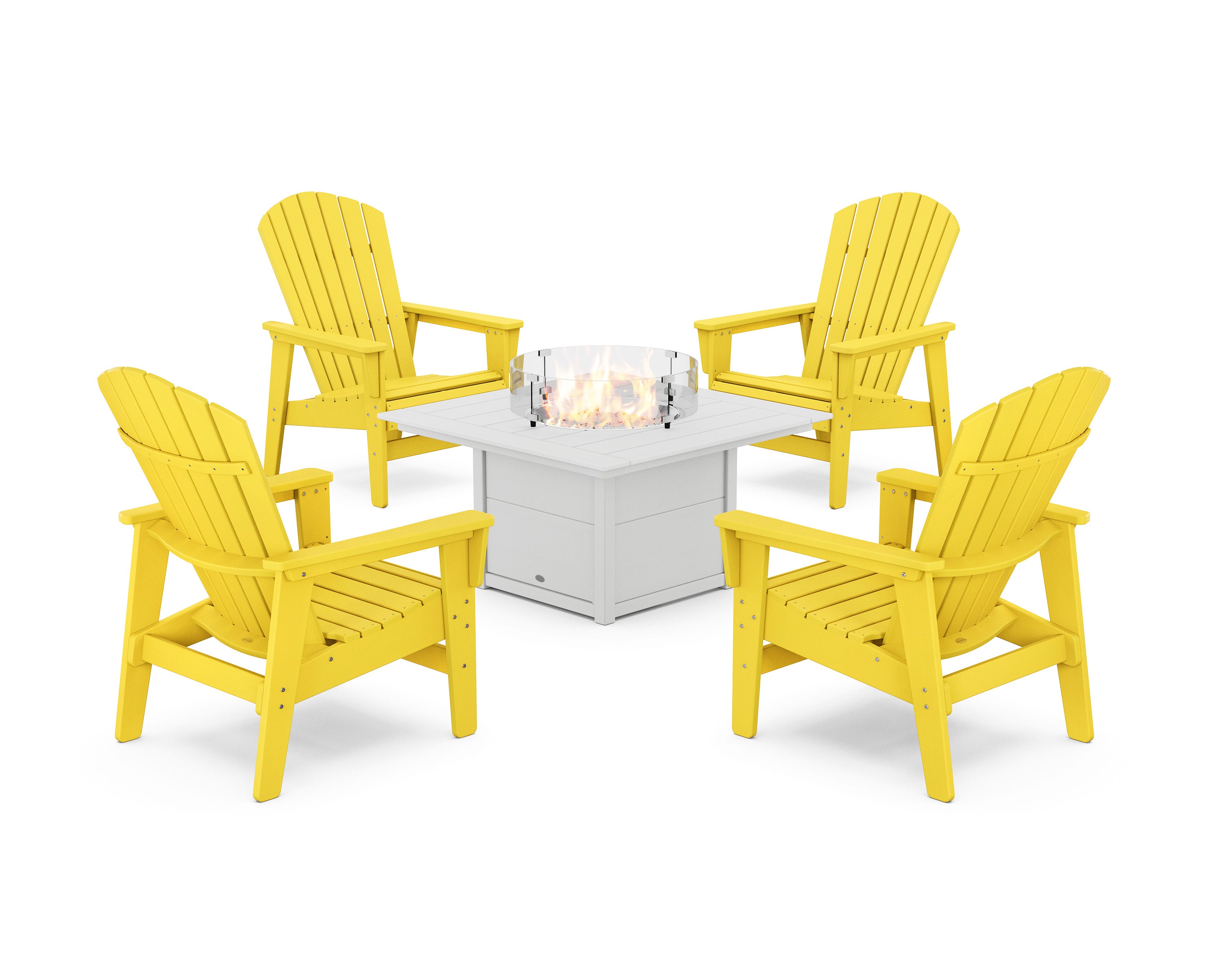 5-Piece Nautical Grand Upright Adirondack Conversation Set with Fire Pit Table in Lemon / White