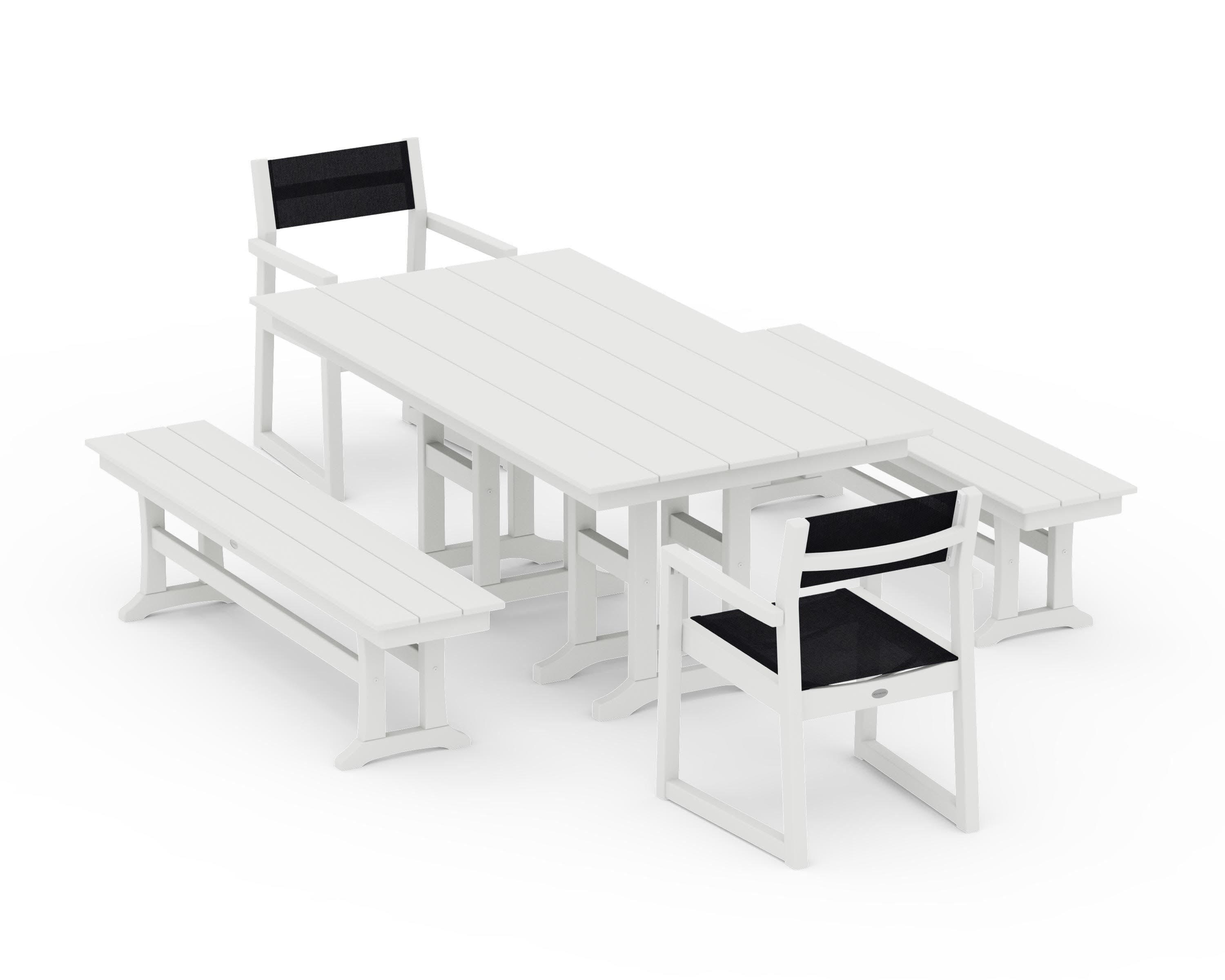 EDGE Sling Arm Chair 5-Piece Farmhouse Dining Set with Benches in Vintage White / Black Sling