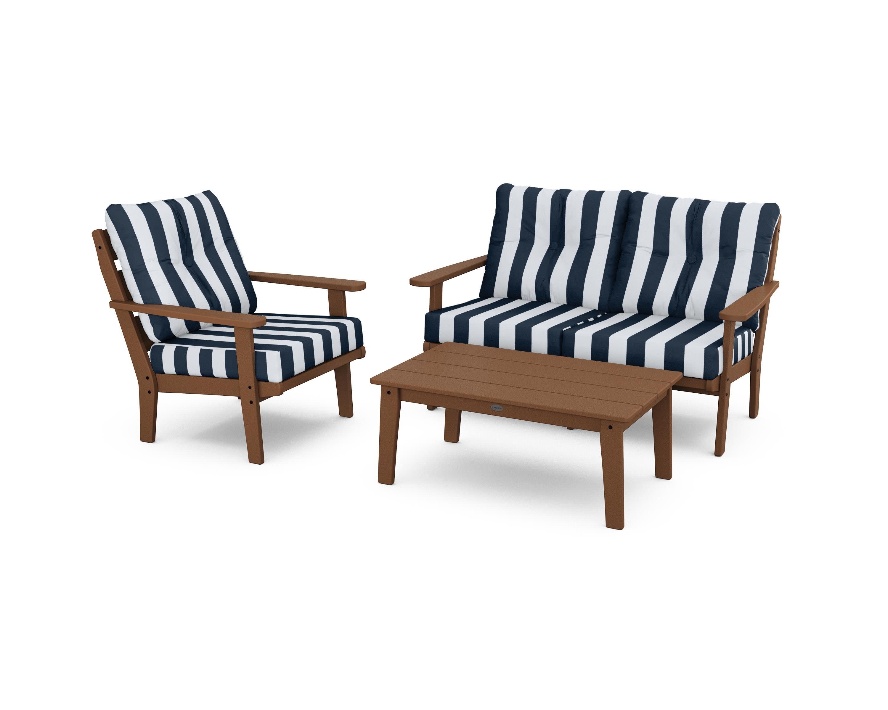 Lakeside 3-Piece Deep Seating Set in Teak / Cabana Stripe Marine Indigo