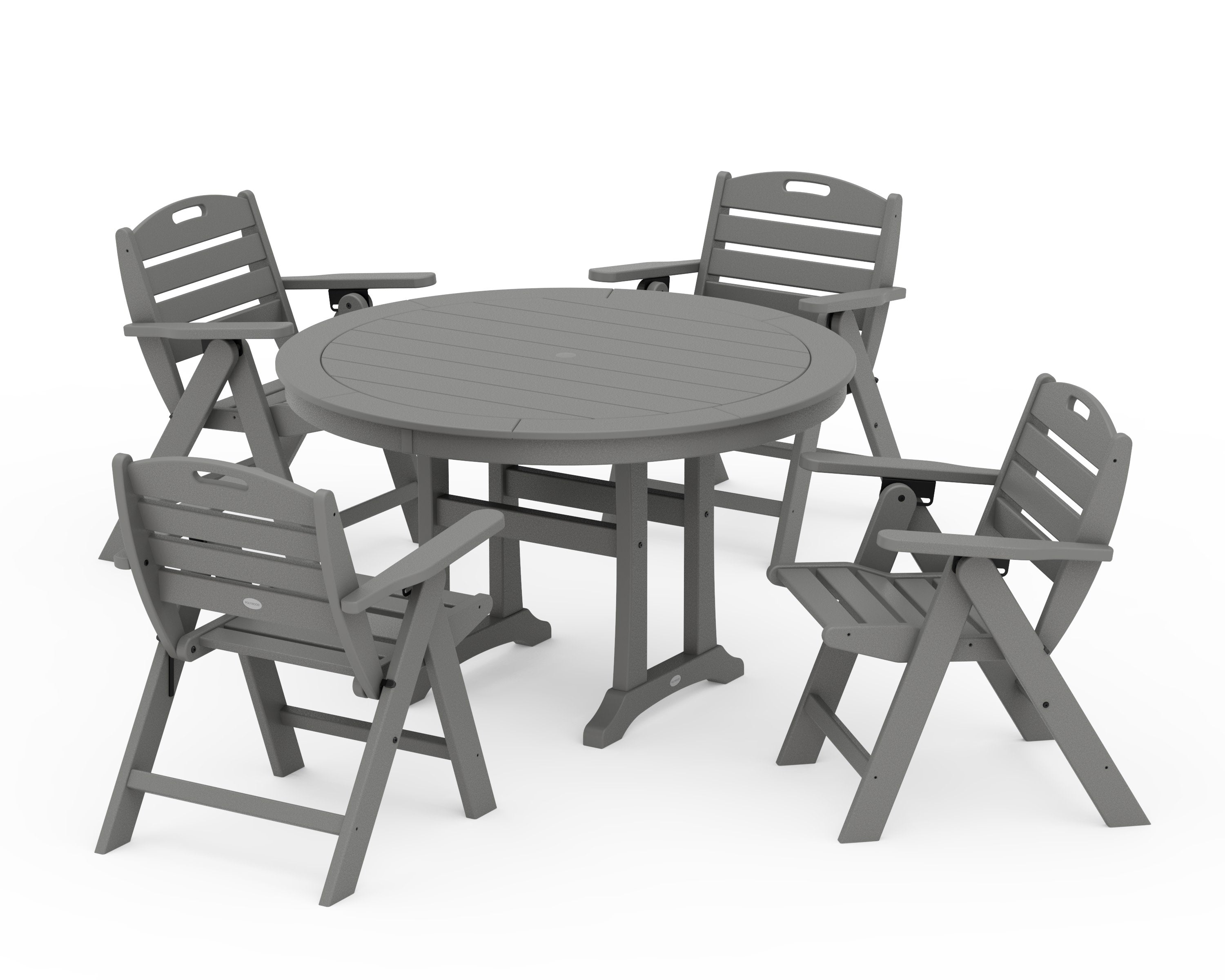 Nautical Folding Lowback Chair 5-Piece Round Dining Set With Trestle Legs in Slate Grey
