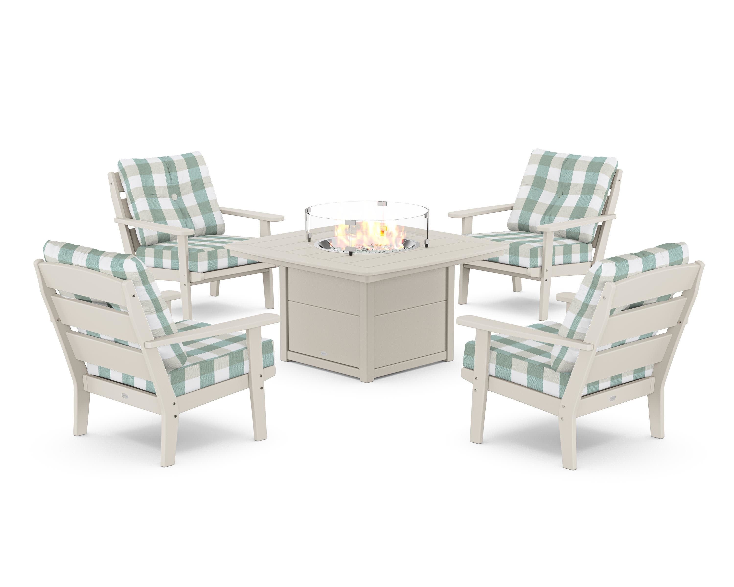 Lakeside 5-Piece Deep Seating Set with Nautical Fire Pit Table in Sand / Buffalo Plaid Glacier Spa